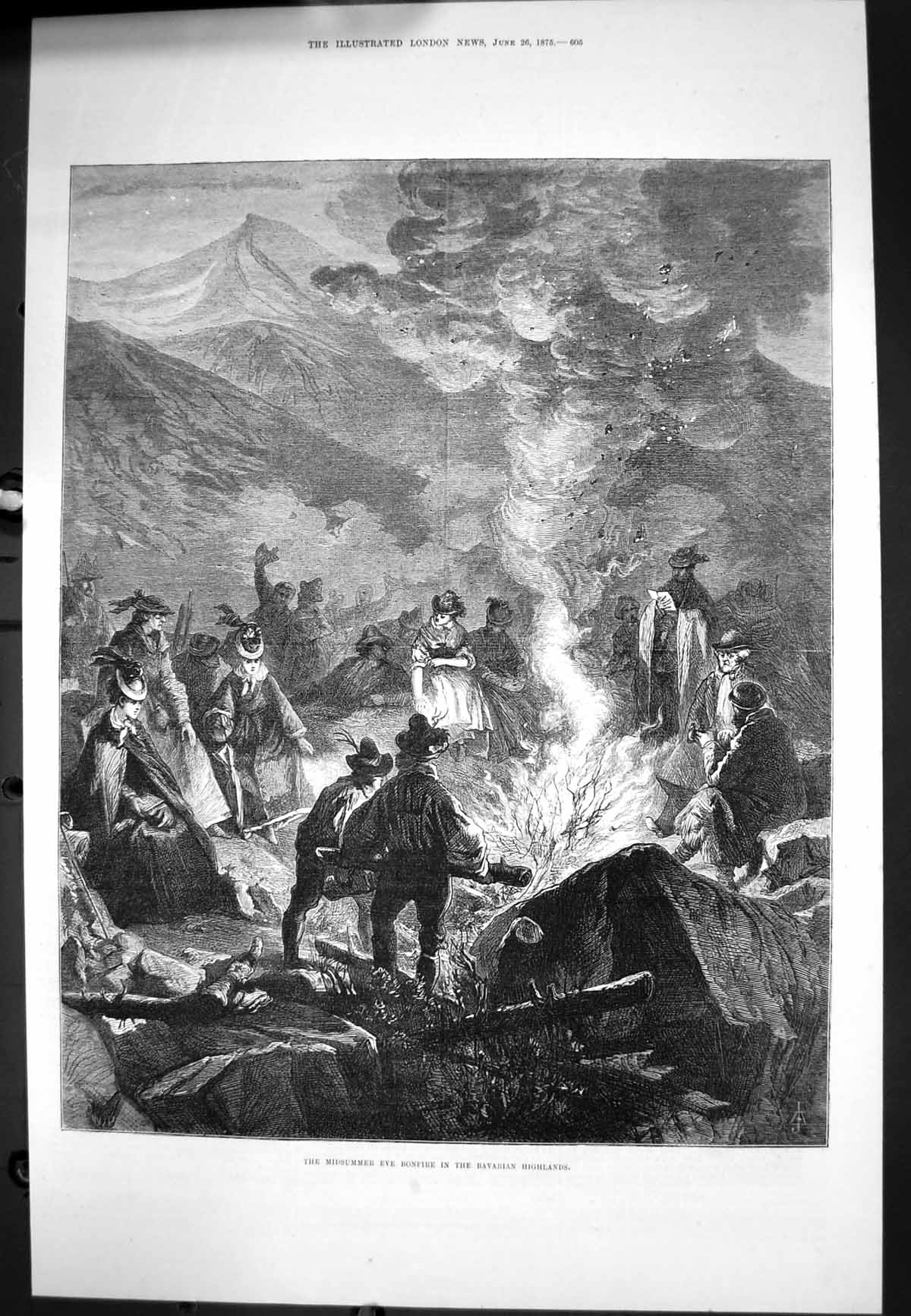 Original Old Antique Print Midsummer Eve Bonfire Bavarian Highlands 1875 19th