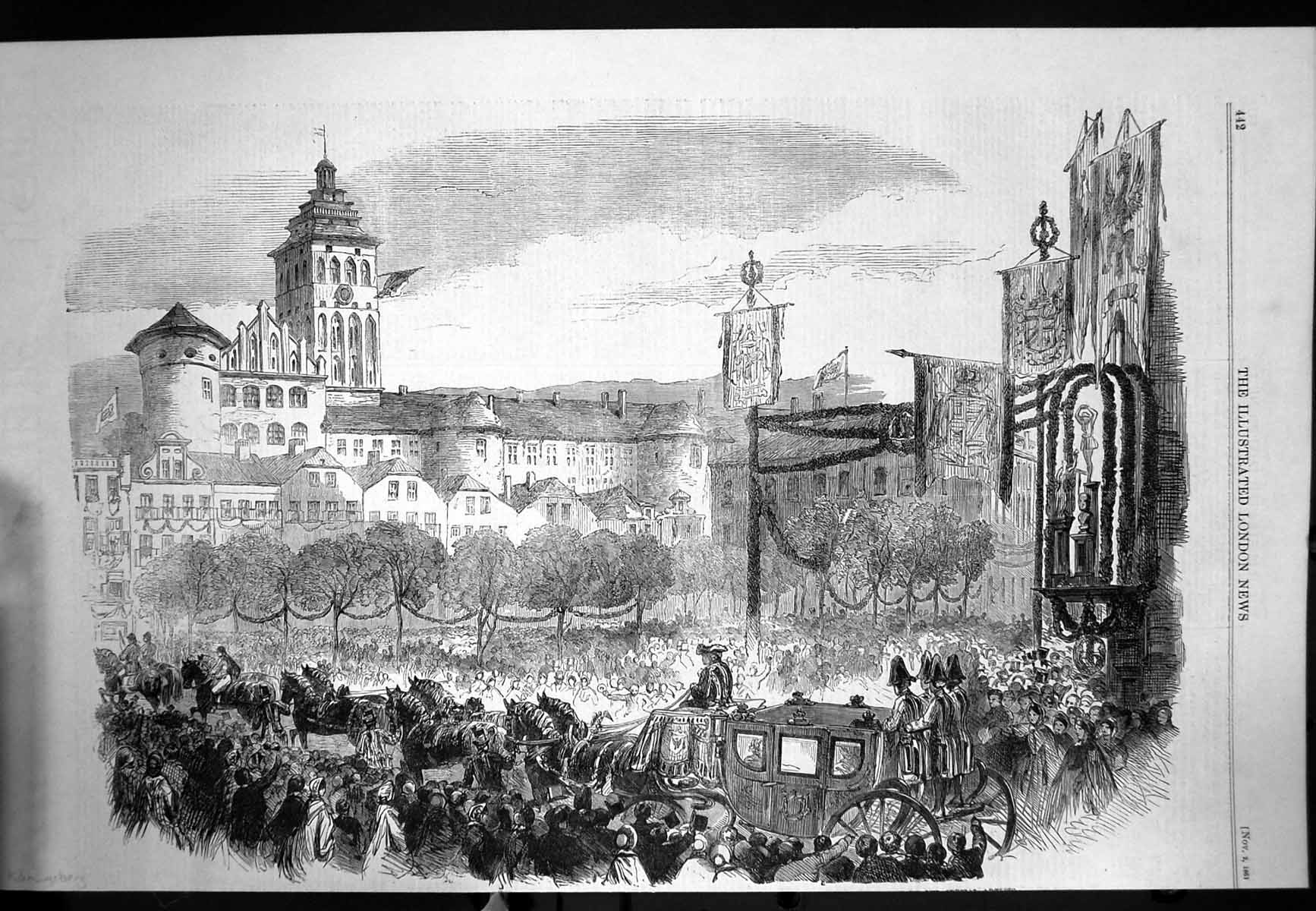 Original Old Antique Print Konigsberg Parade Horses Carriage Large Crowds 1861