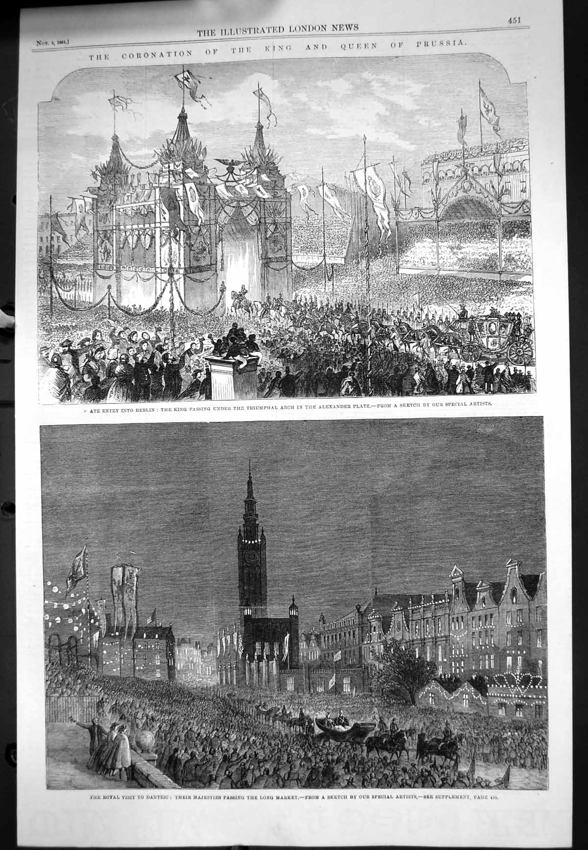 Antique Print Coronation King Queen Prussia Entry Berlin Arch Dantzic 1861 19th