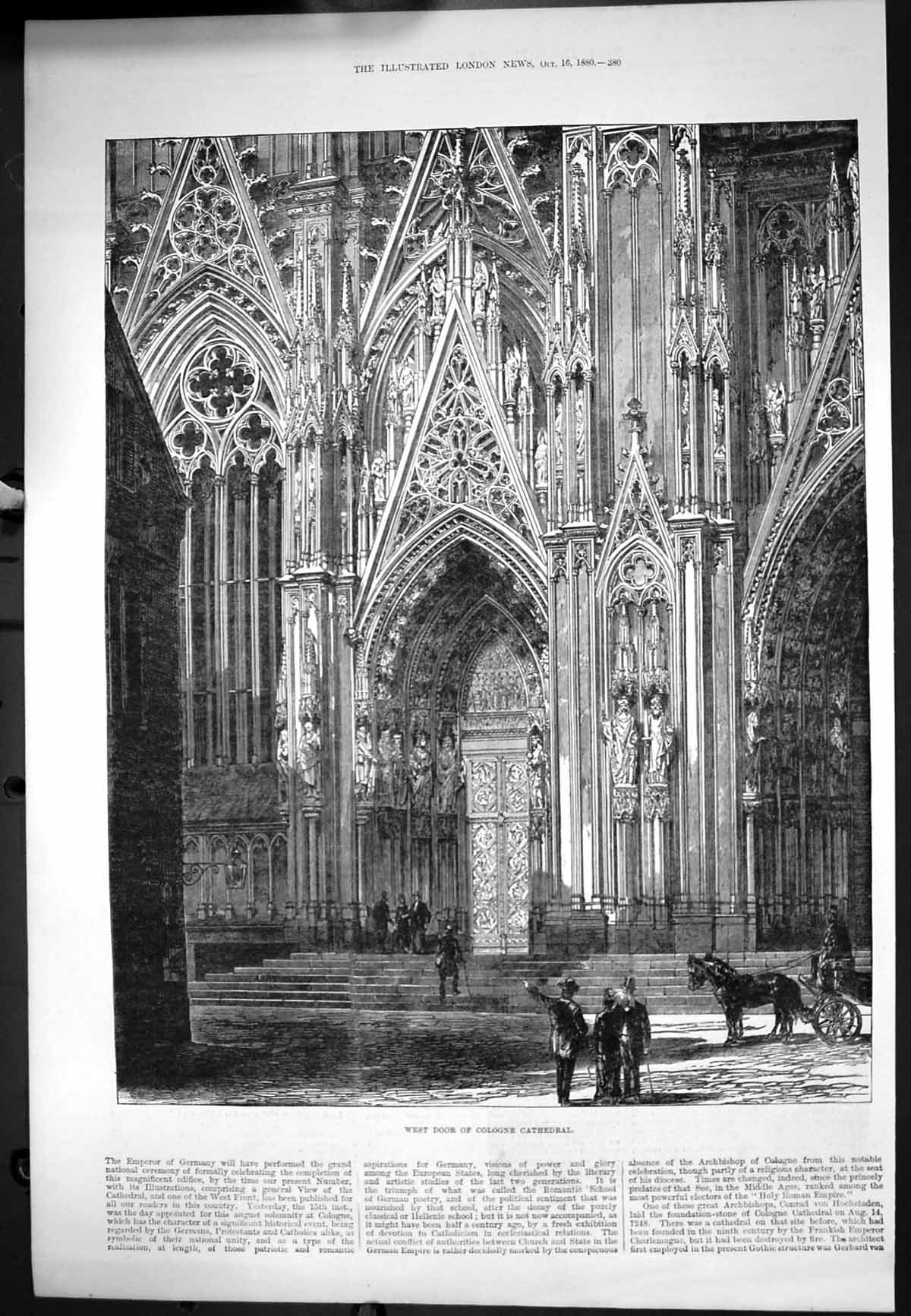 Original Old Antique Print West Door Cologne Cathedral 1880 19th