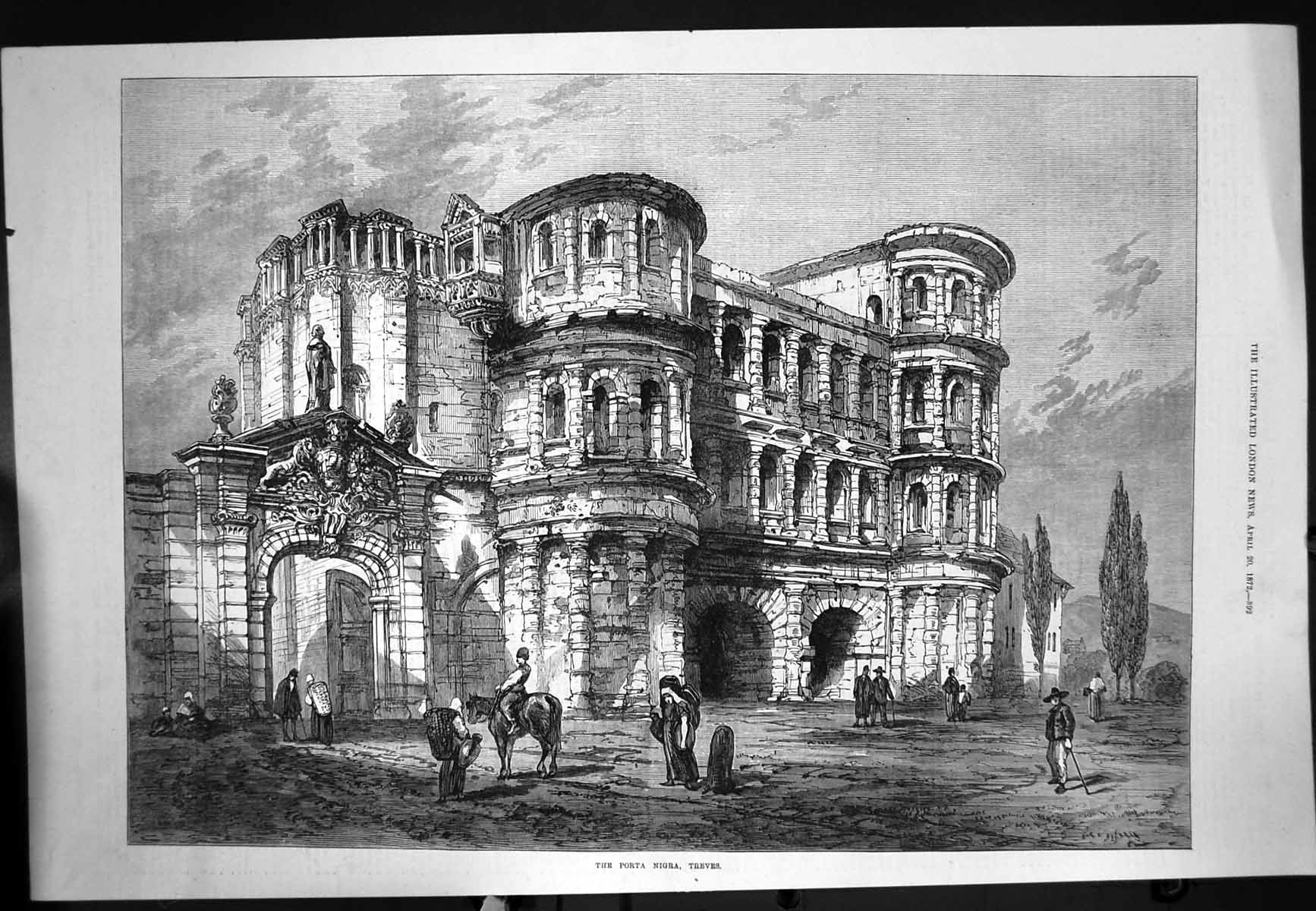 Old Antique Print Porta Nigra Treves Arches Balcony Large Building 1872 19th