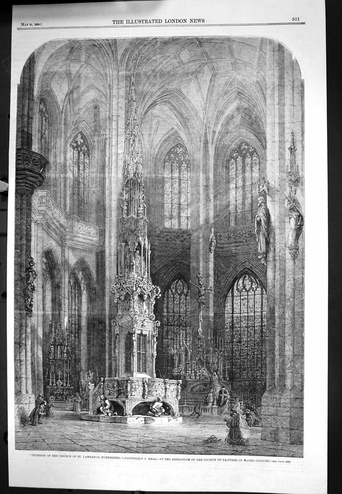 Original Old Antique Print Interior Church St Lawrence Nuremberg S Read 1859