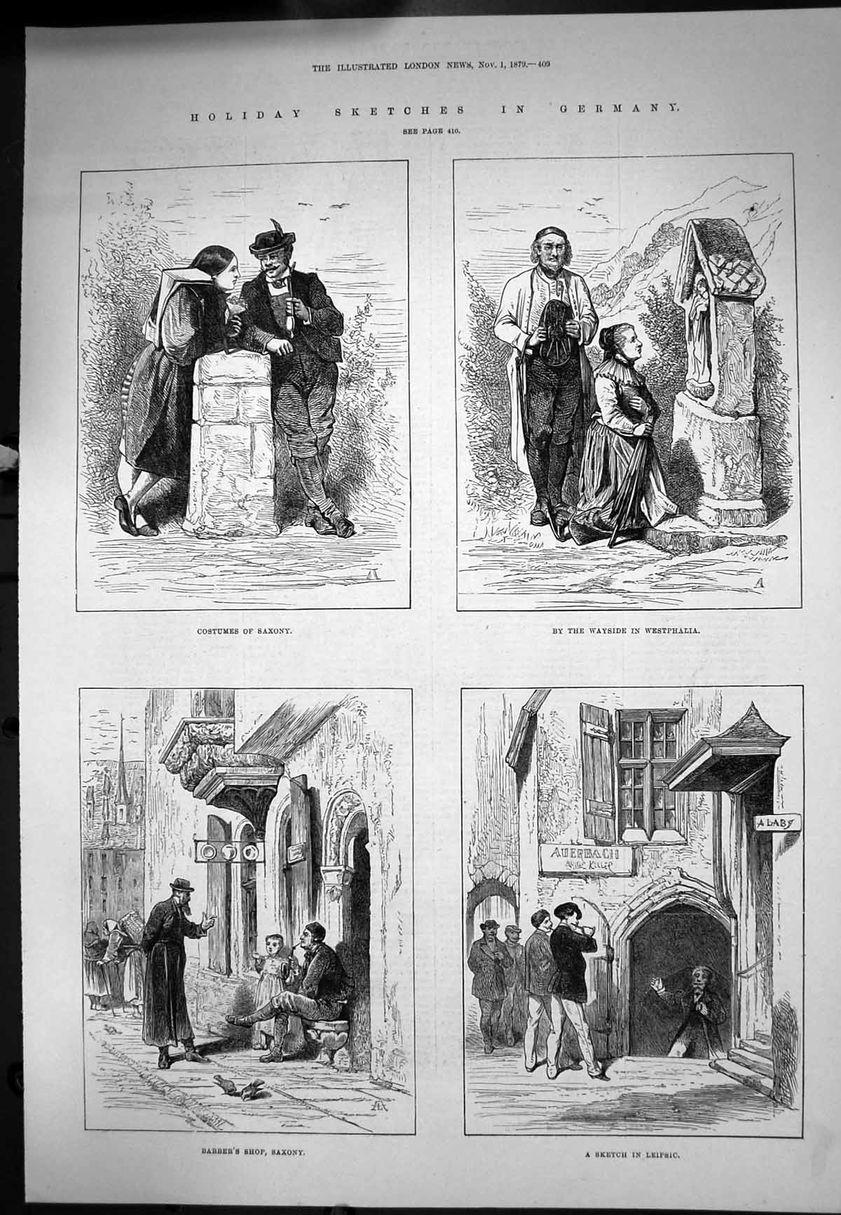 Antique Old Print Sketches Germany Costumes Saxony Barbers Shop Leipsic 1879