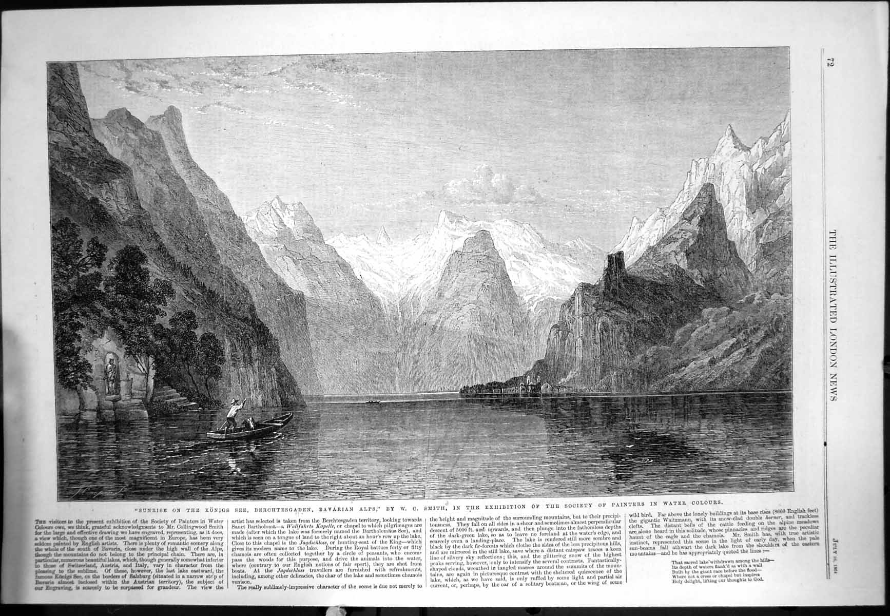 Original Old Antique Print Sunrise Konigs See Berchtesgaden Bavarian Alps 1864