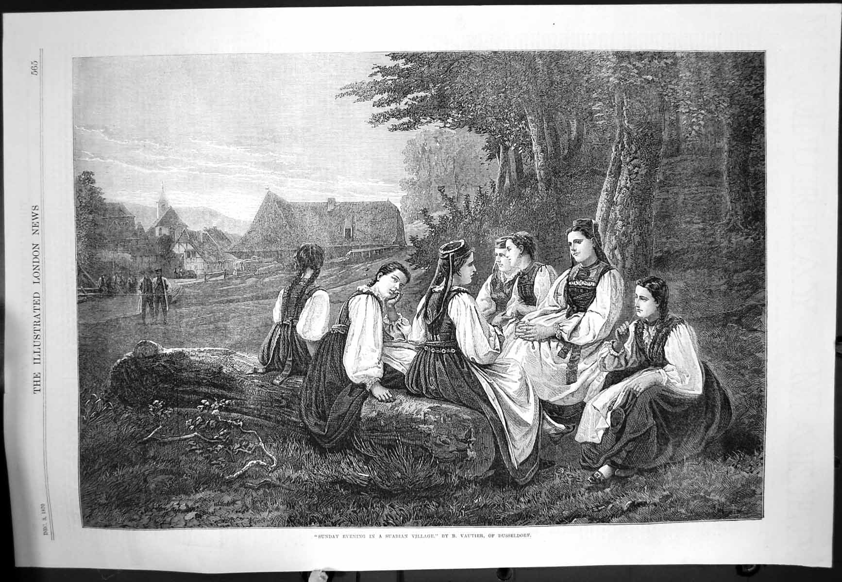 Old Sunday Evening Suabian Village Vautier Girls Sitting Tree Trunk