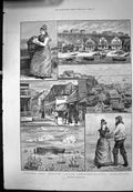 Antique Old Print Sketches Heligoland Woman Strand Street National Dance 1890
