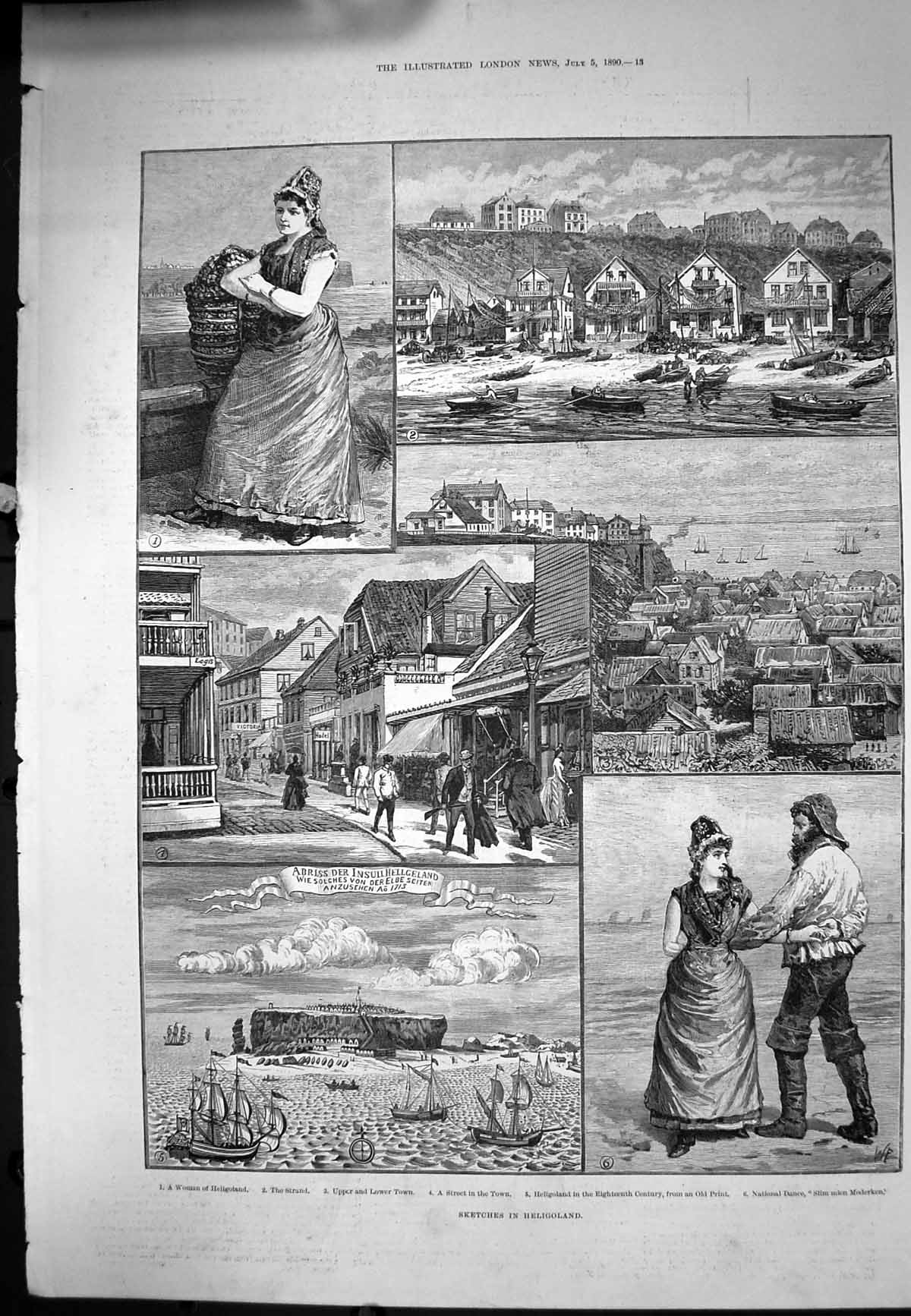 Antique Old Print Sketches Heligoland Woman Strand Street National Dance 1890