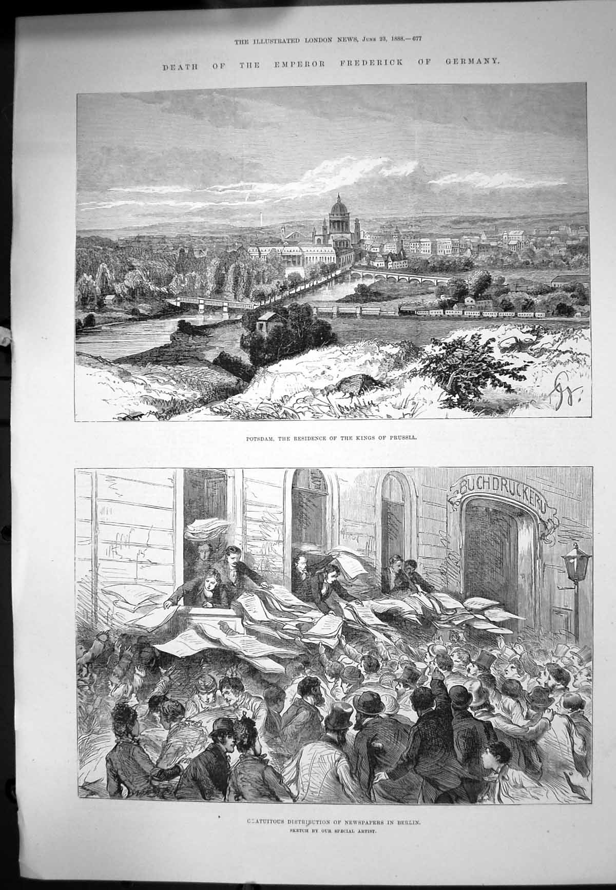 Old Print Death Emperor Frederick Germany Potsdam Newspapers Berlin 1888 19th