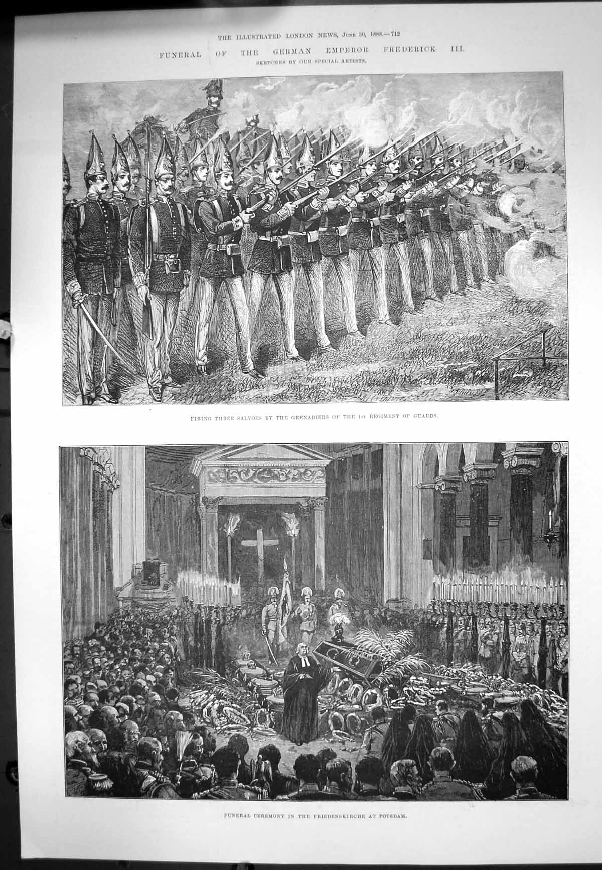 Old Print Funeral German Emperor Frederick 111 Firing Salvoes Kirche 1888