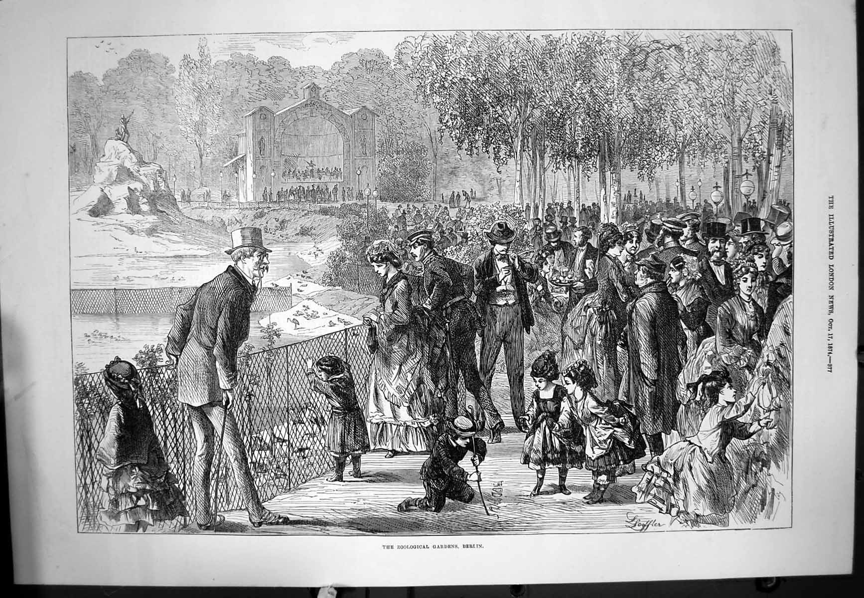Antique Print Zooological Gardens Berlin Water Ducks Families Children 1874