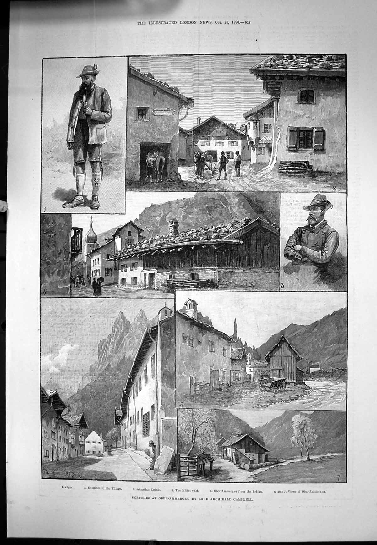 Antique Print Sketches Ober Ammergau Jager Sebastian Zwink Mittenwald 1890 19th