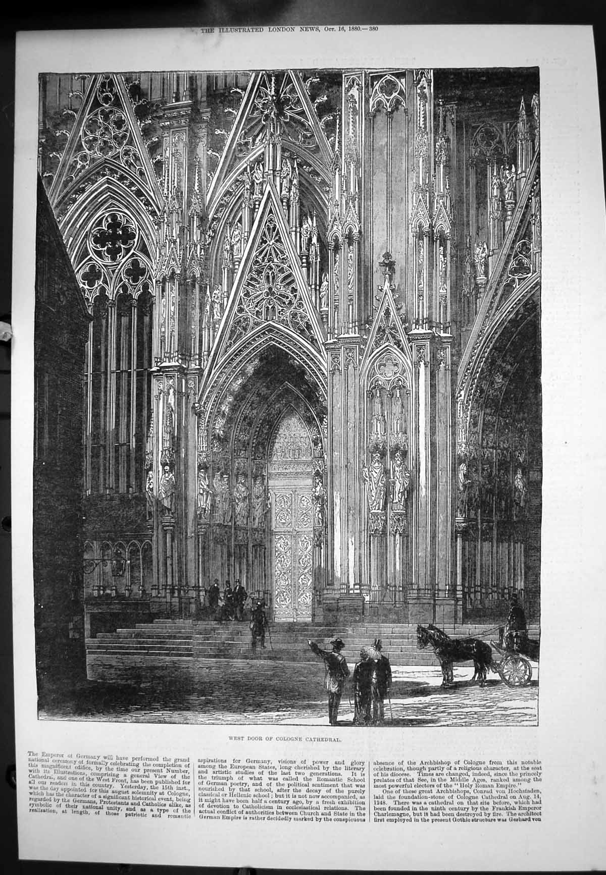 Original Old Antique Print West Door Up Steps Cologne Cathedral 1880 Victorian