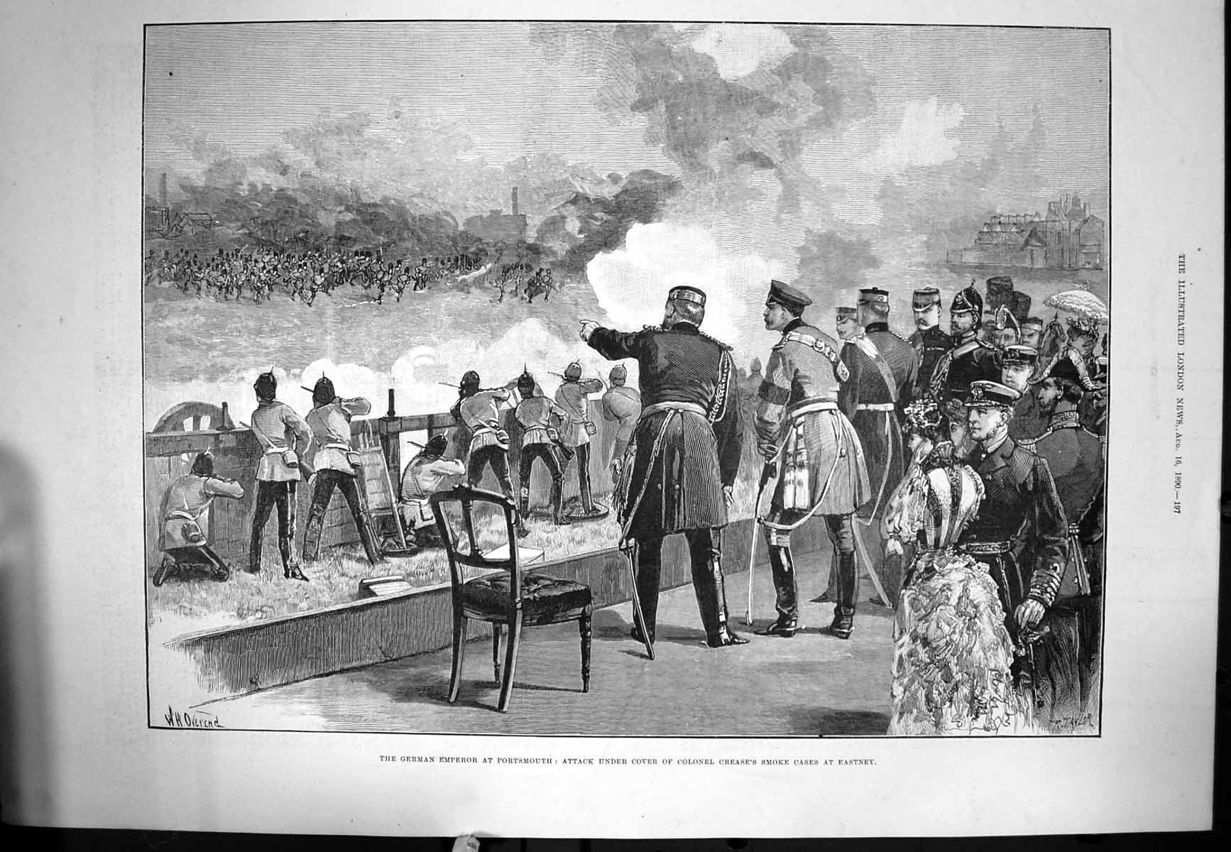 Old Print German Emperor Portsmouth Attack Col Creases Smoke Eastny 1890 19th