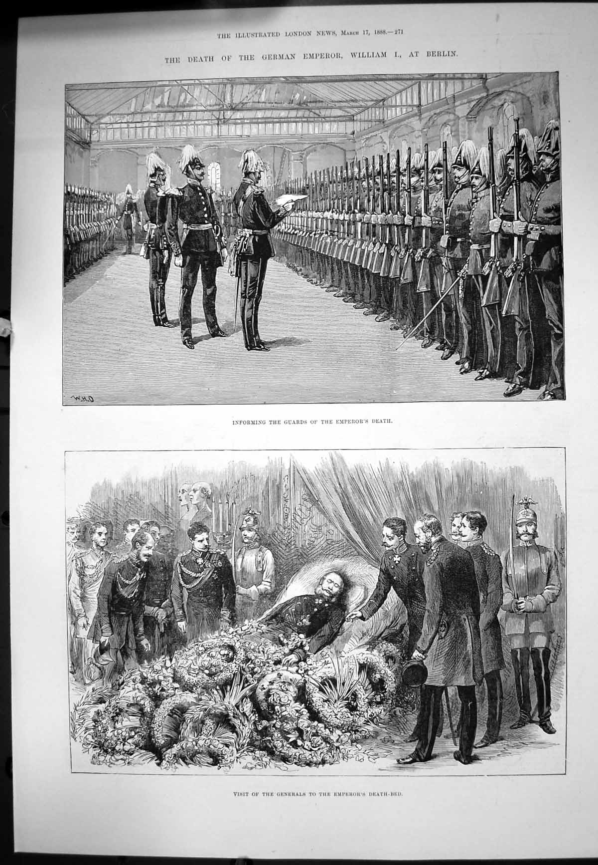 Antique Old Print Death German Emperor WilliamBerlin Informing Guards 1888