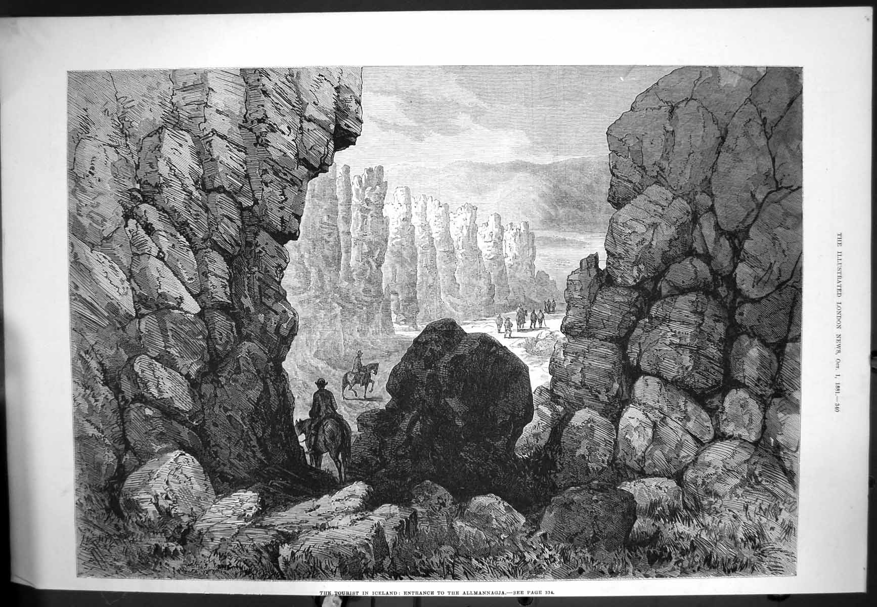 Old Antique Print Tourist Iceland Entrance Allmannagja Pillars Rocks 1881 19th