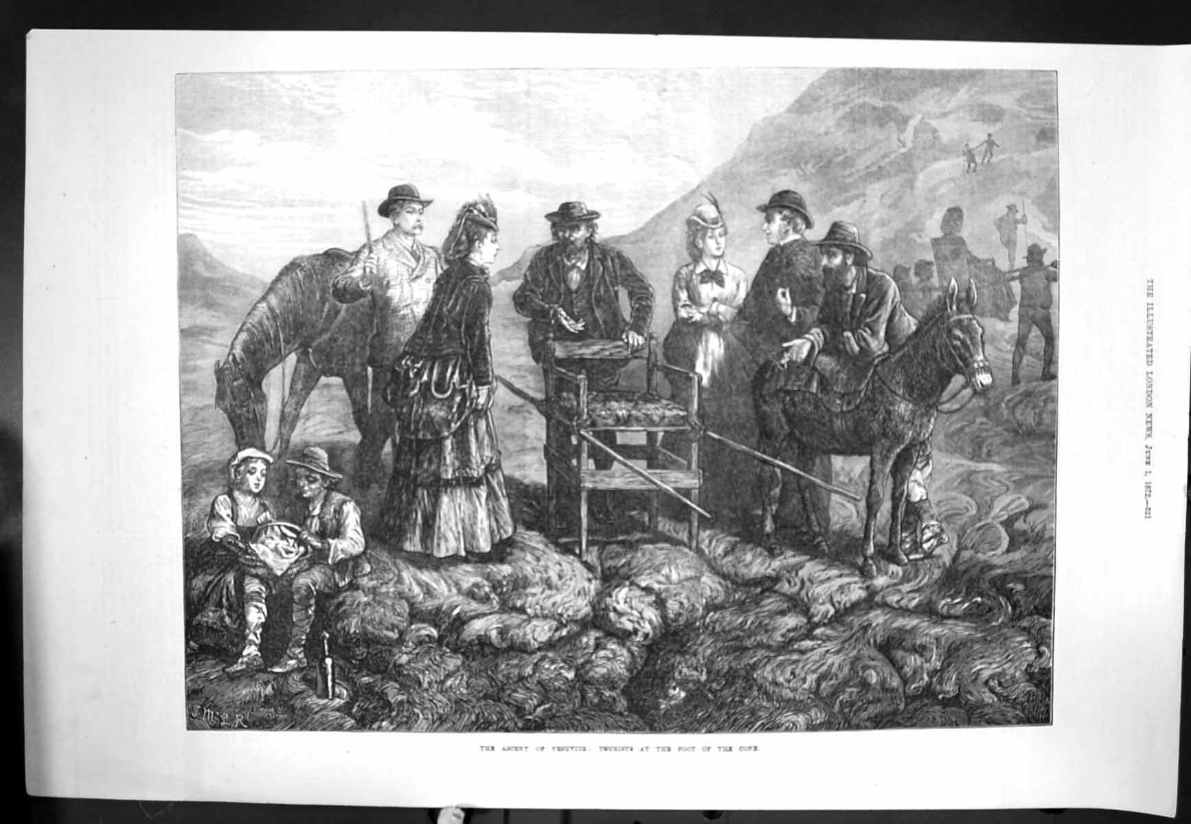 Antique Old Print Ascent Vesuvius Tourists Foot Cone Horse Donkey Chair 1872
