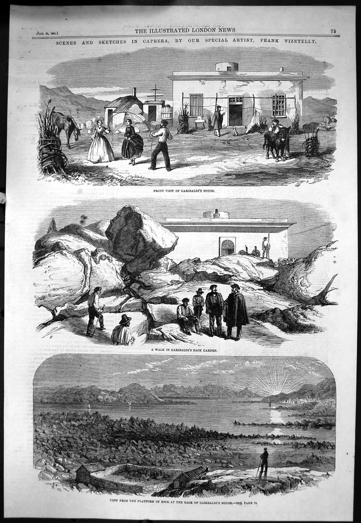 Old Print Caprera Garibaldis House Walk Garden View Rock Back House 1861 19th