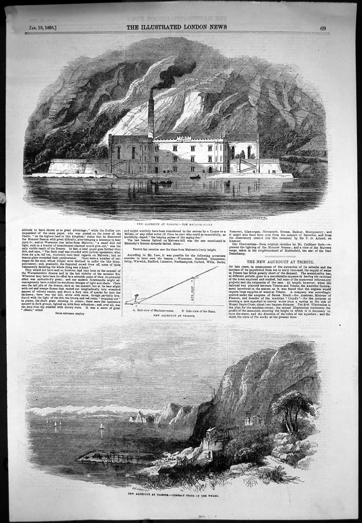Antique Old Print New Aqueduct Trieste Machine Rooms Present State Works 1856