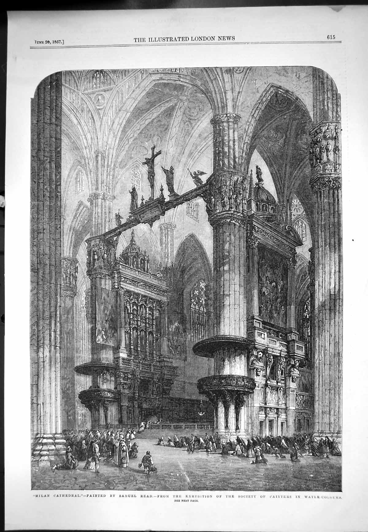 Original Old Antique Print Milan Cathedral Interior Painted Samuel Read 1857
