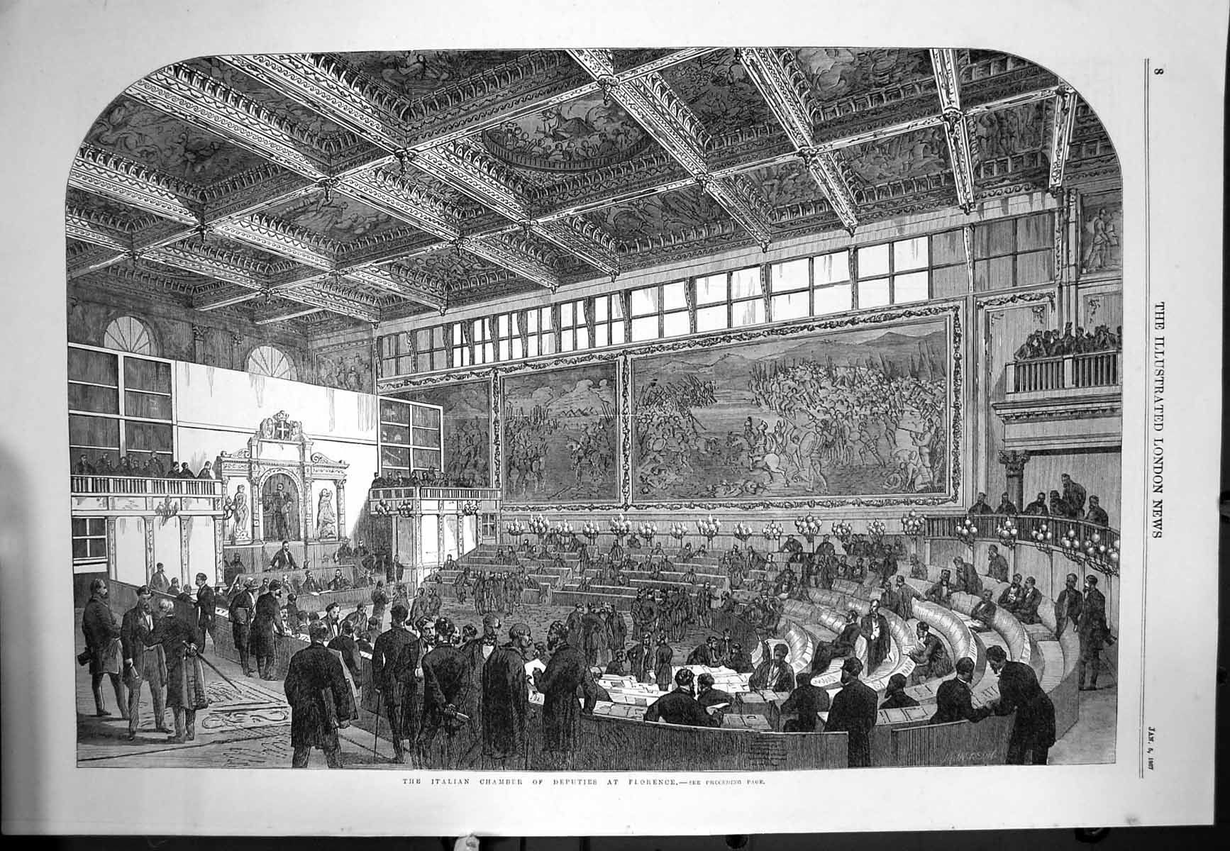 Old Antique Print Italian Chamber Deputies Florence Paintings Murals 1867 19th
