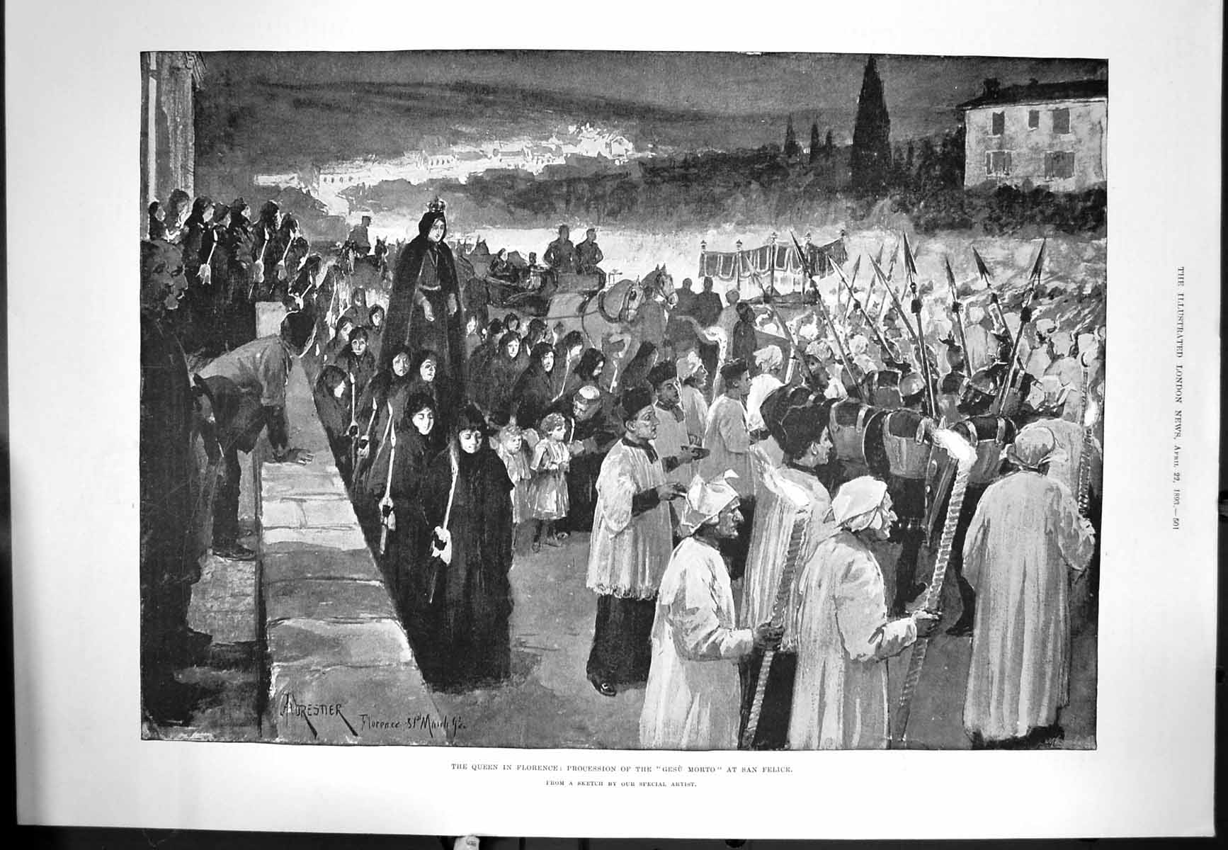 Original Old Antique Print Queen Florence Procession Gesu Morto San Felice 1893