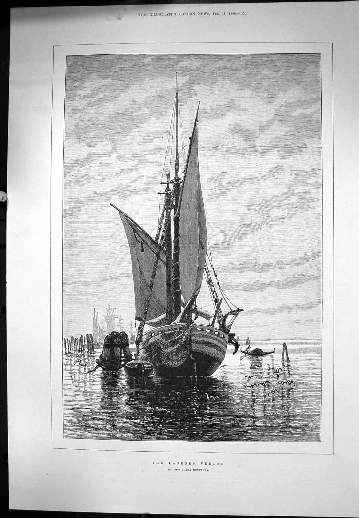 Antique Print Lagunes Venice Miss Clara Montalba Sailing Boat Gondola 1888 19th