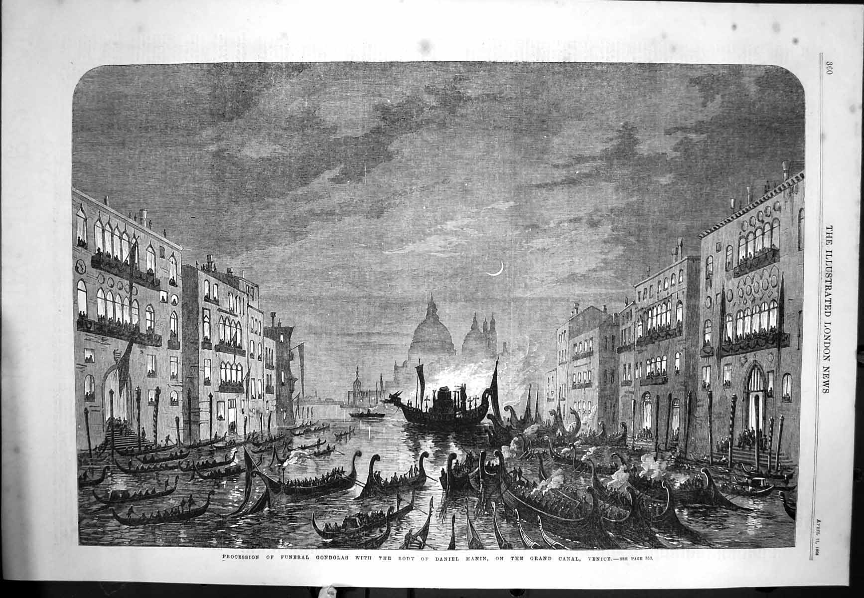 Old Print Procession Funeral Gondolas Body Daniel Manin Canal Venice 1868 19th