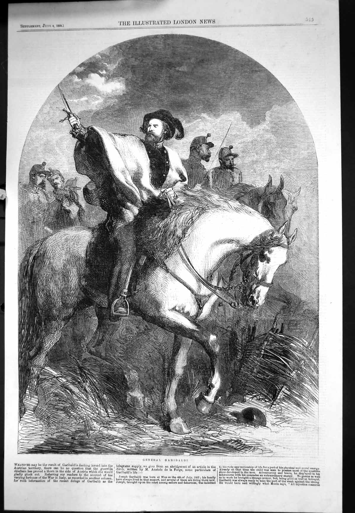 Antique Old Print General Garibaldi Horseback War Uniform Dagger Hand 1859 19th