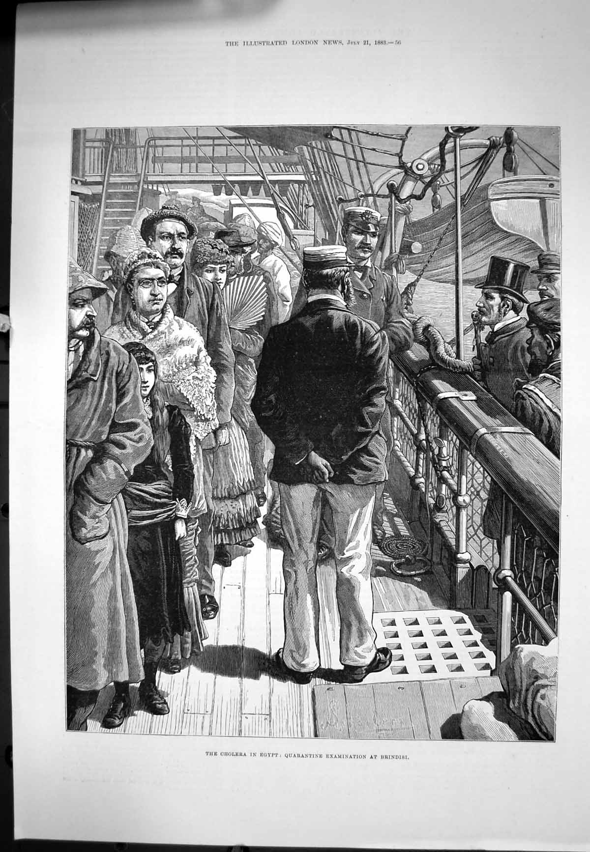 Old Print Cholera Egypt Quarantine Examination Brindisi Aboard Ship 1883 19th
