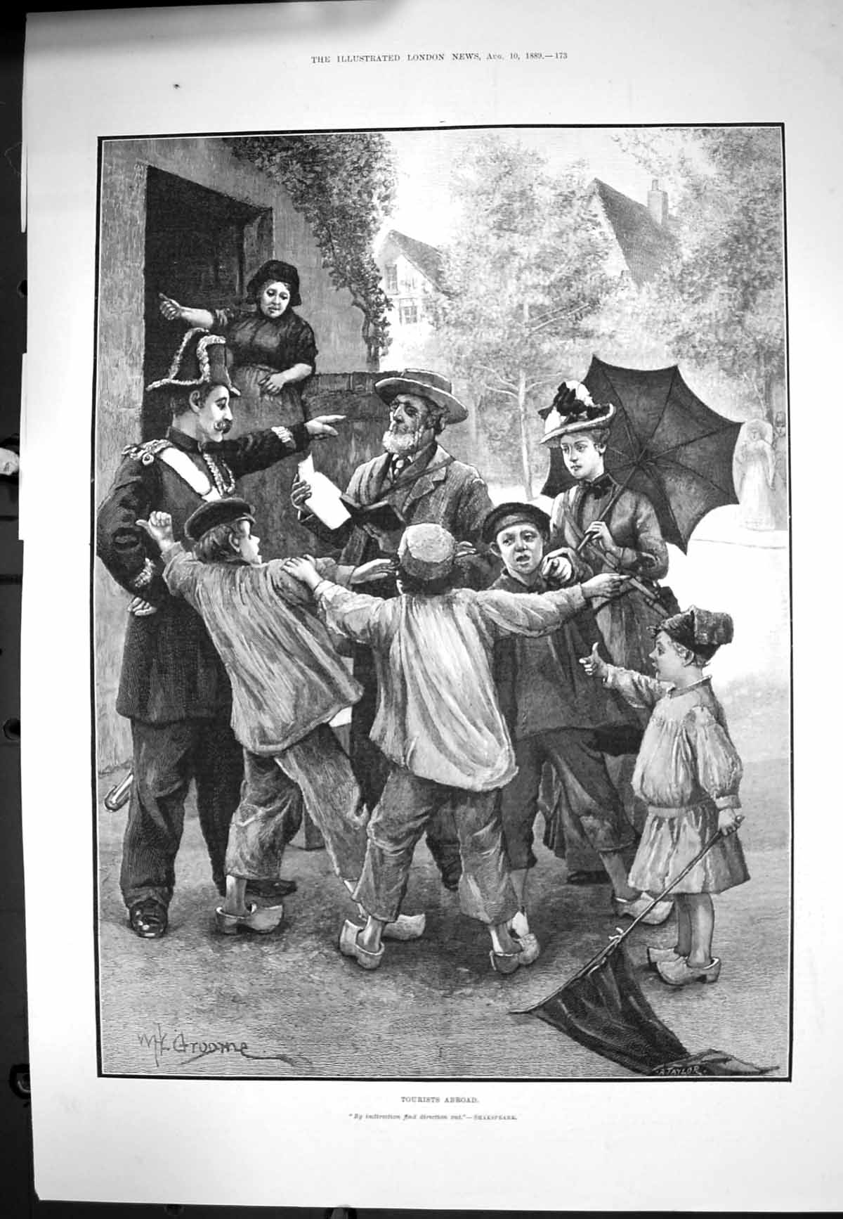 Old Antique Print Tourists Abroad W Groome Asking Directions Clogs 1889 19th