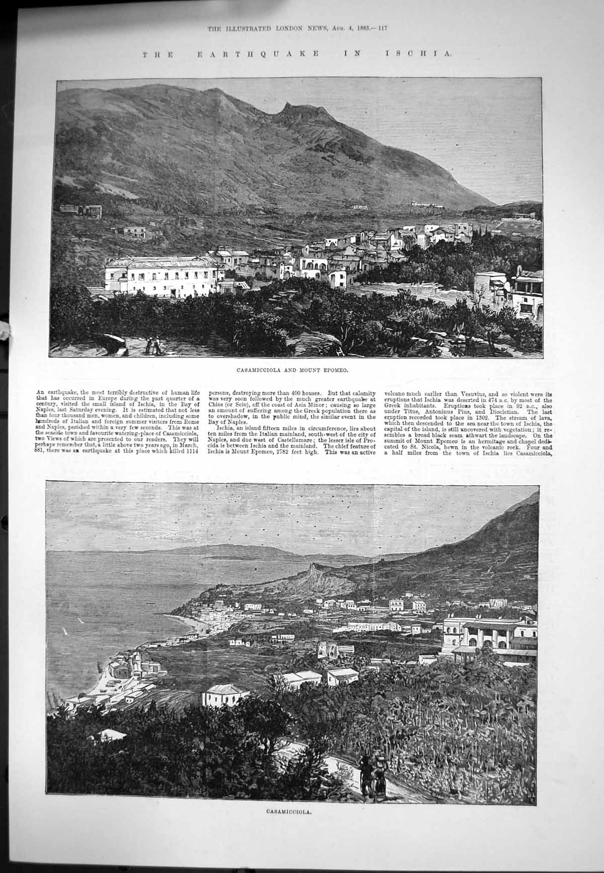 Original Old Antique Print Earthquakes Ischia Casamicciola Mount Epomeo 1883