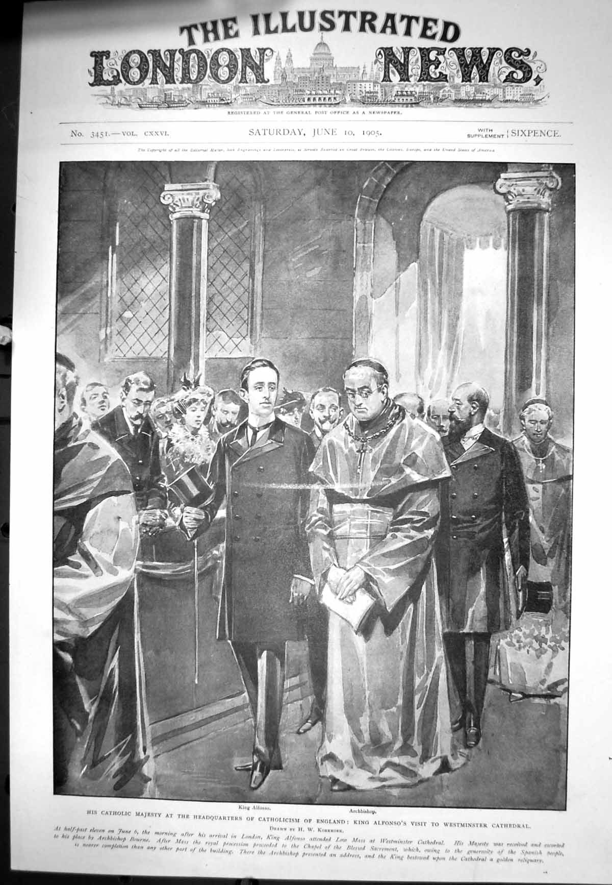 Old Print King Alfonso Visit Westminster Cathedral Archbishop Bourne 1905 20th