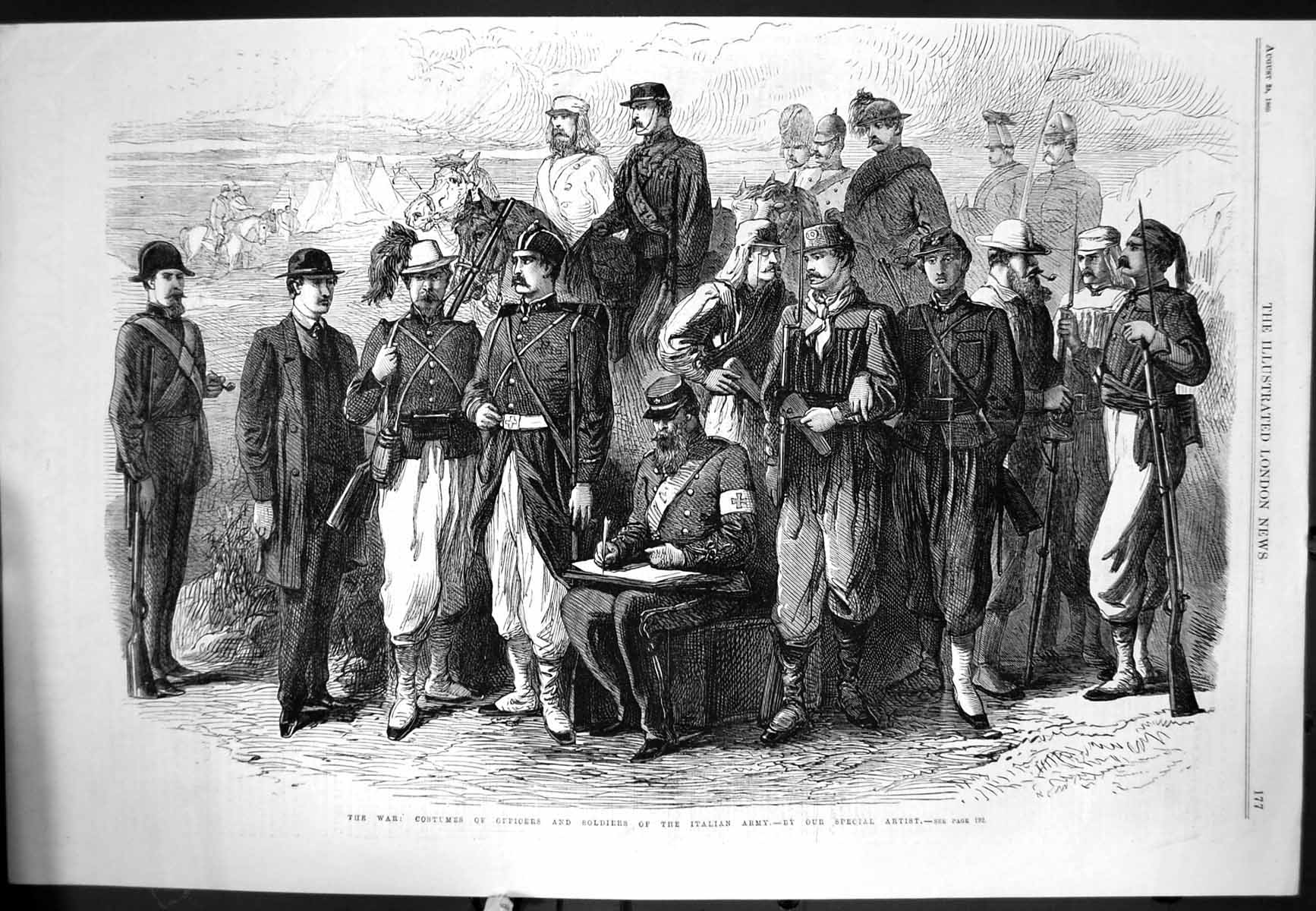 Original Old Antique Print Costumes Ficers Siers Italian Army During War 1866