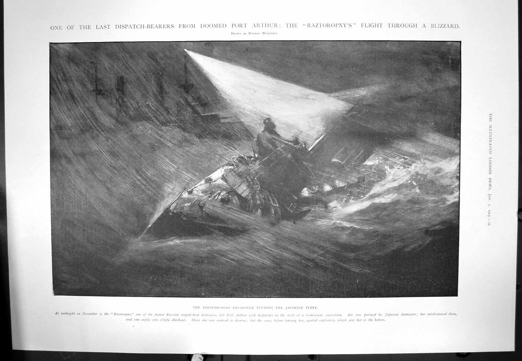 Old Print Russian Torpedo Boat Destroyer Raztoropny Eluding Japanese 1905 20th