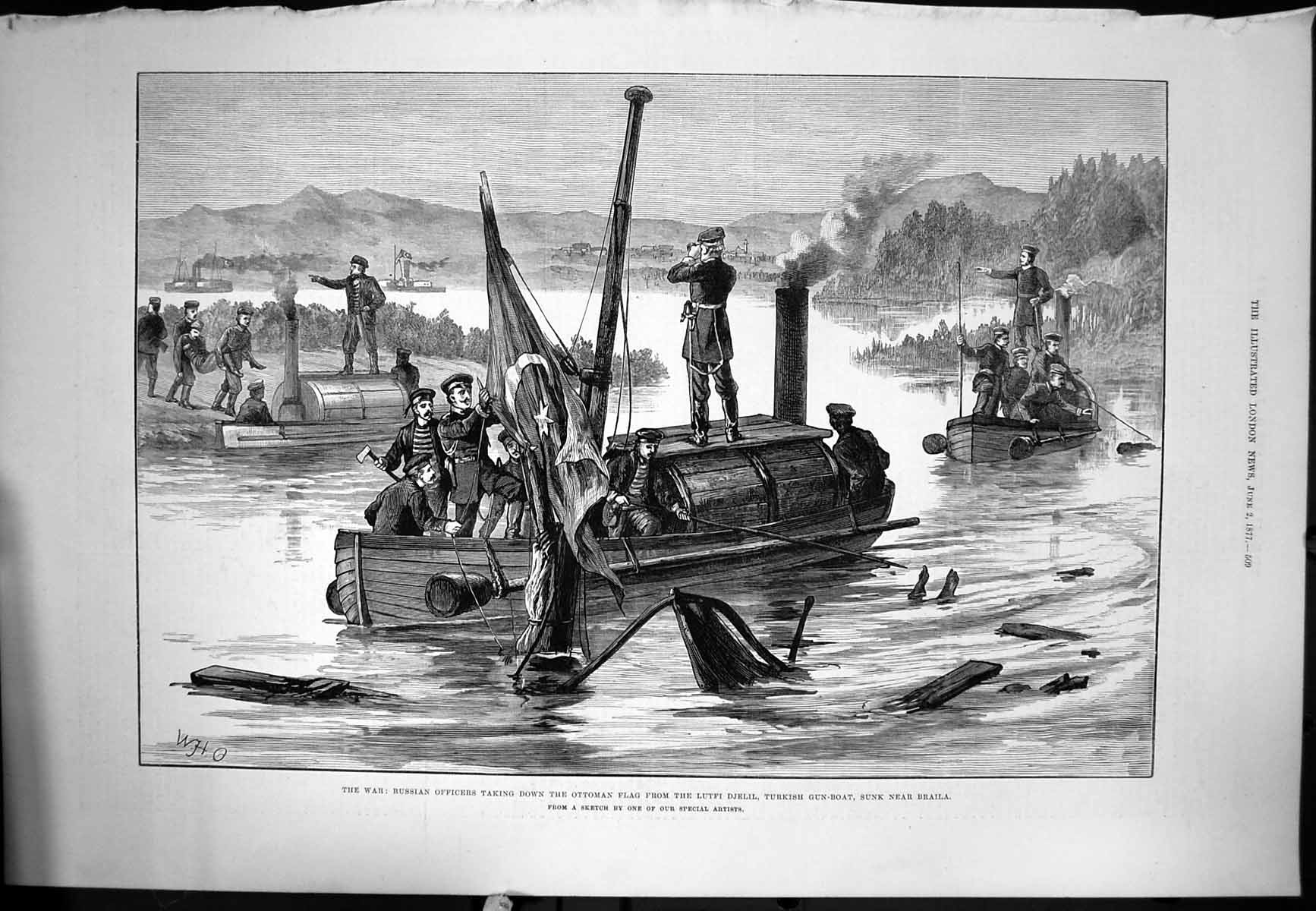 Old Russian Ficers Down Flag Lutfi Djelil Turkish Gun Boat Sunk 1877 Victorian