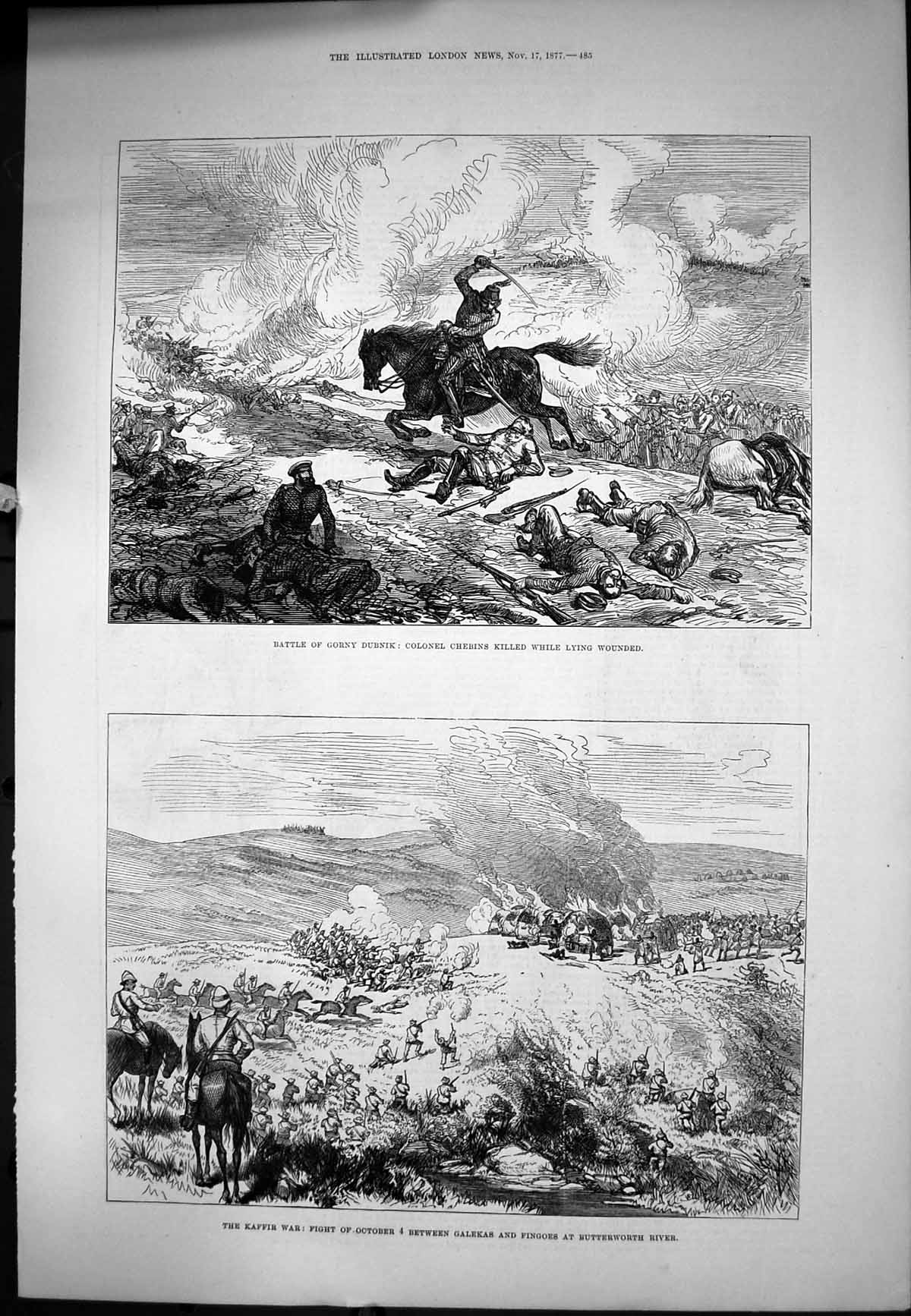 Old Print Battle Gorny Dubnik Col Chebins Killed Kaffir War Galekas 1877 19th