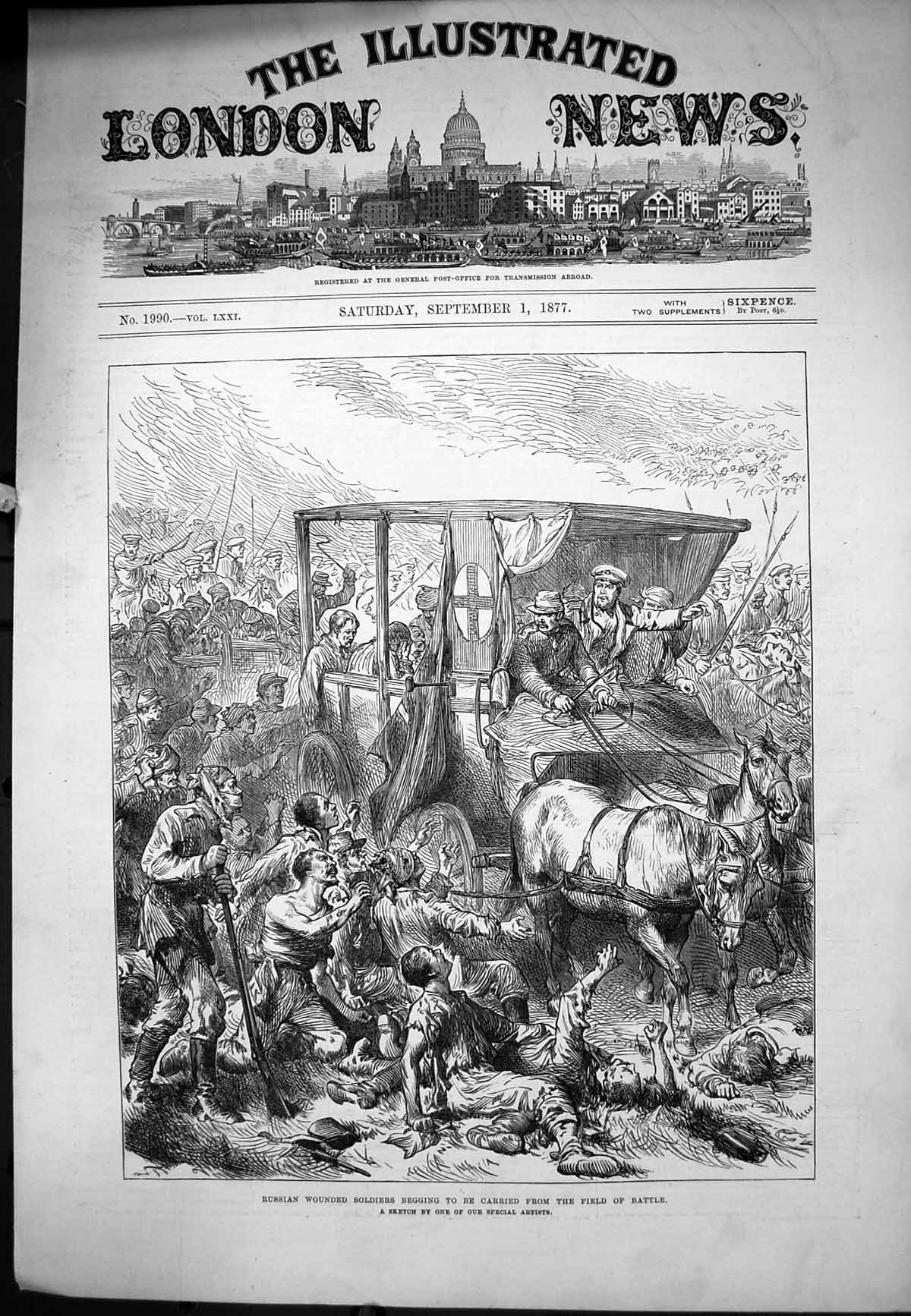 Old Antique Print Russian Wounded Siers Begging Carried Field Battle 1877 19th