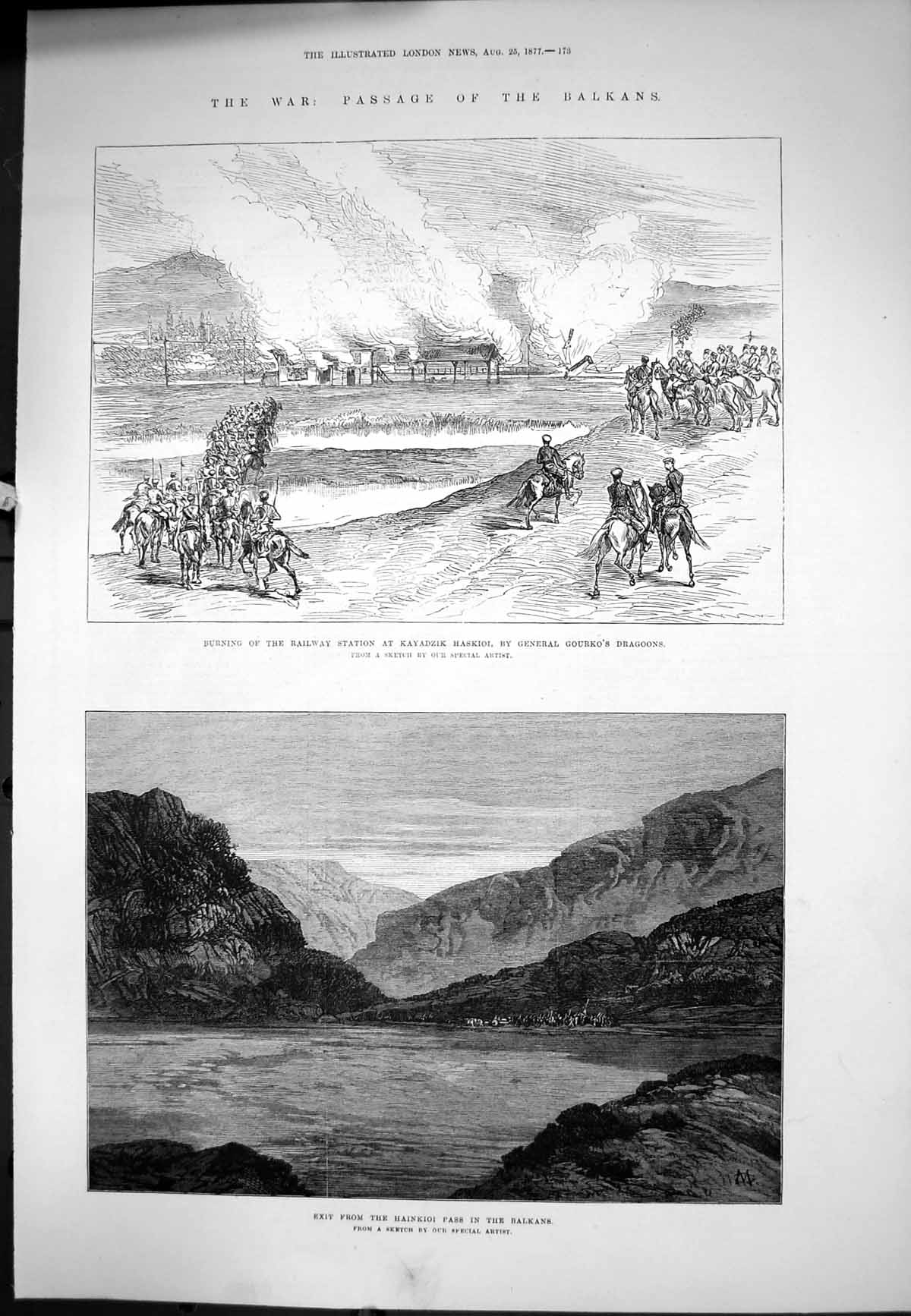 Antique Old Print War Passage Balkans Burning Railway Kayadzik Haskioi 1877