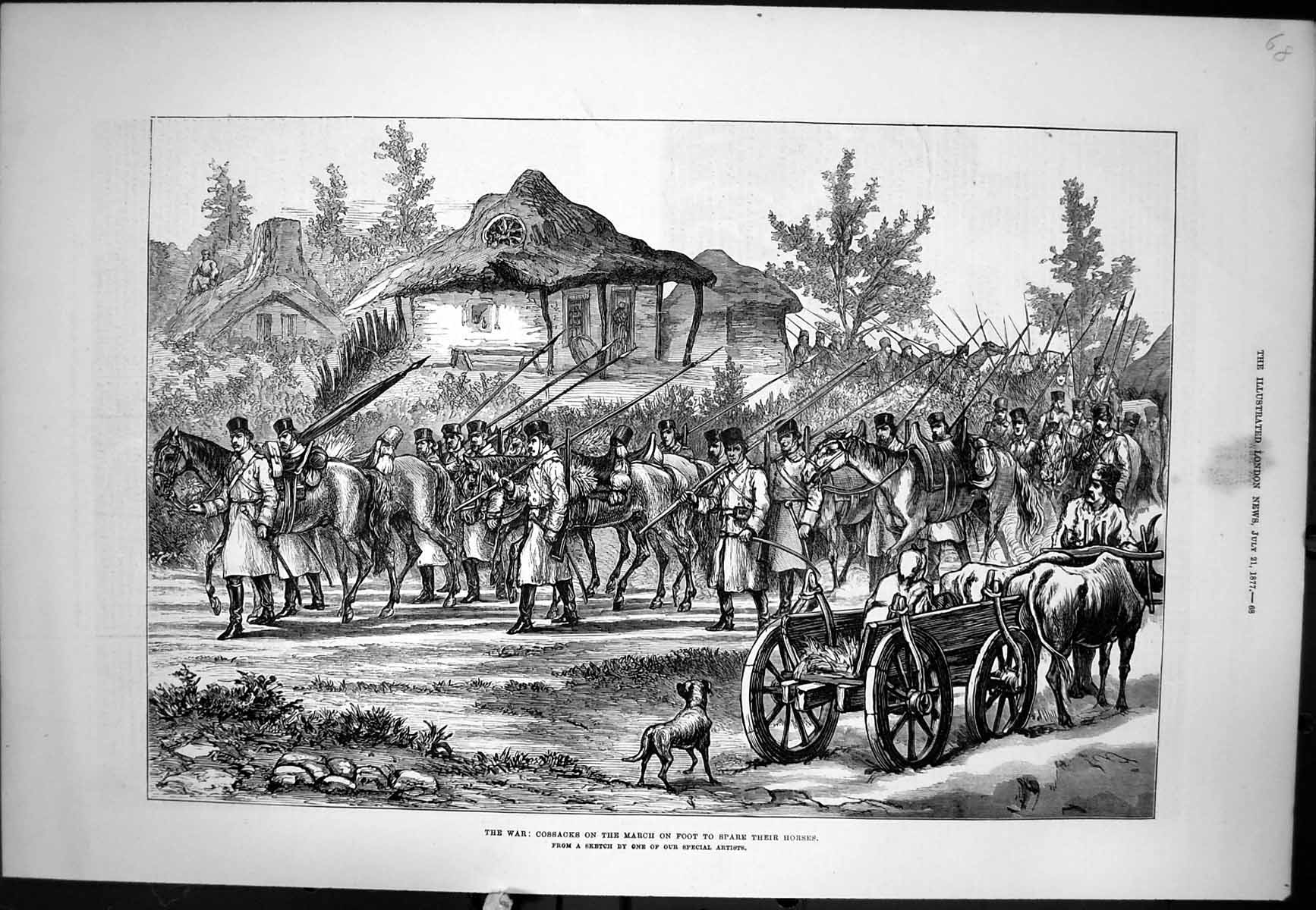 Original Old Antique Print War Cossacks March On Foot Spare Their Horses 1877