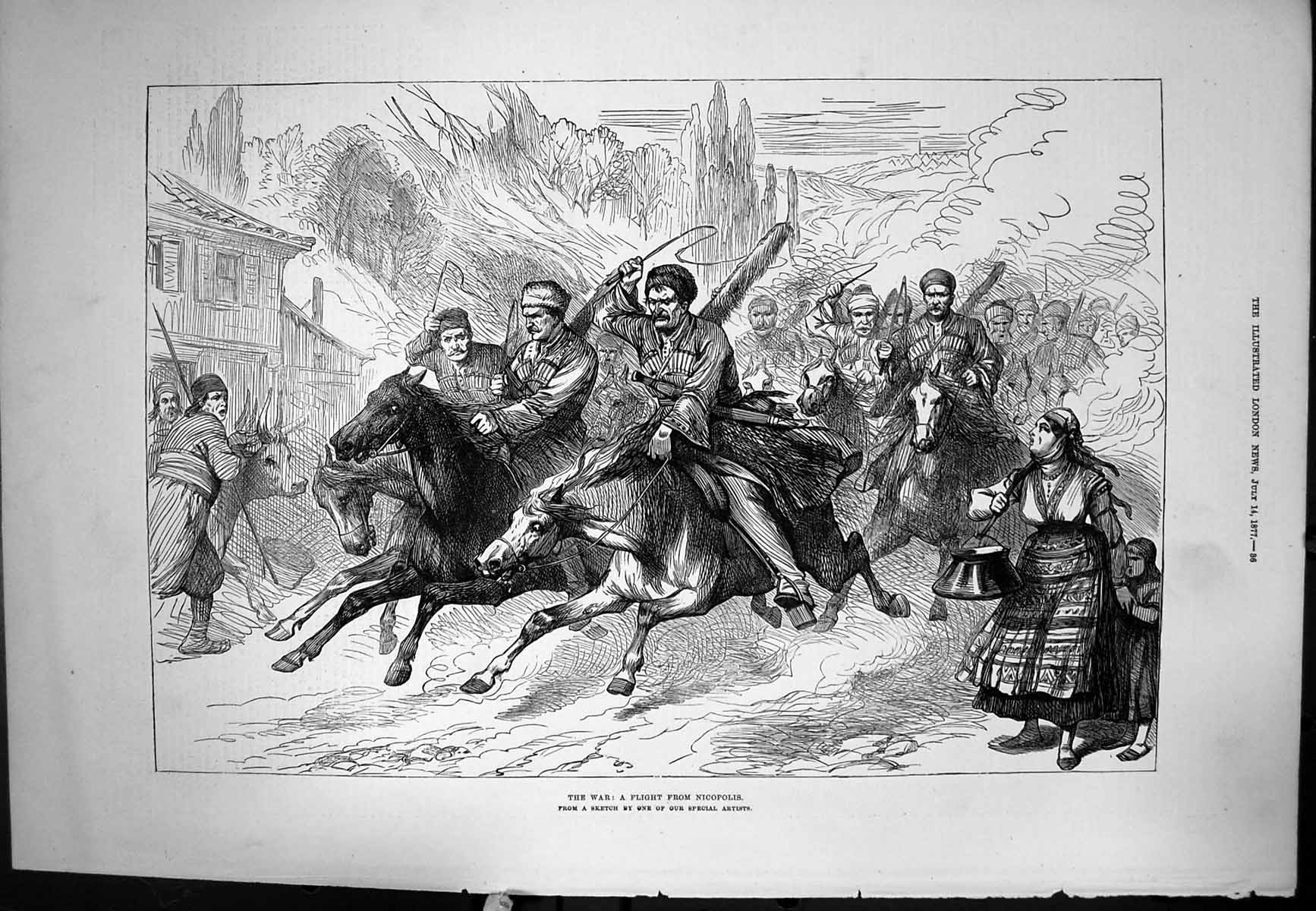 Original Old Antique Print War Flight From Nicopolis Townsfolk Look On 1877