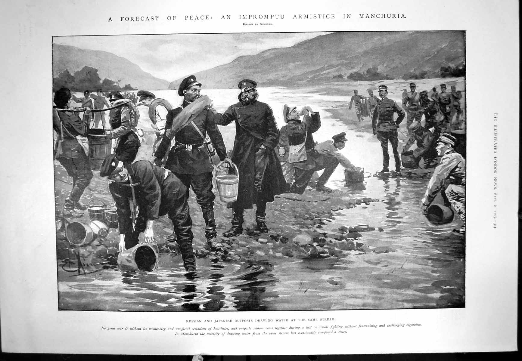 Antique Old Print Russian Japanese Outposts Drawing Water Same Stream 1905 20th