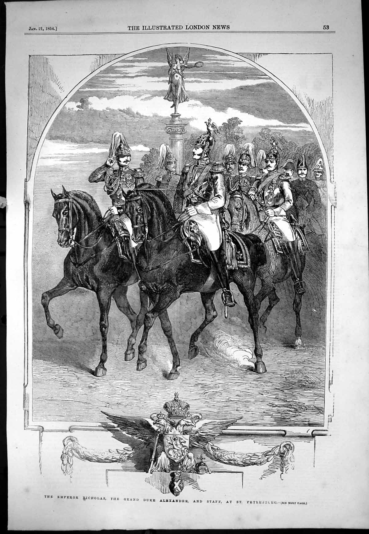 Old Print Emperor Nicholas Grand Duke Alexander Staff St Petersburg 1854 19th