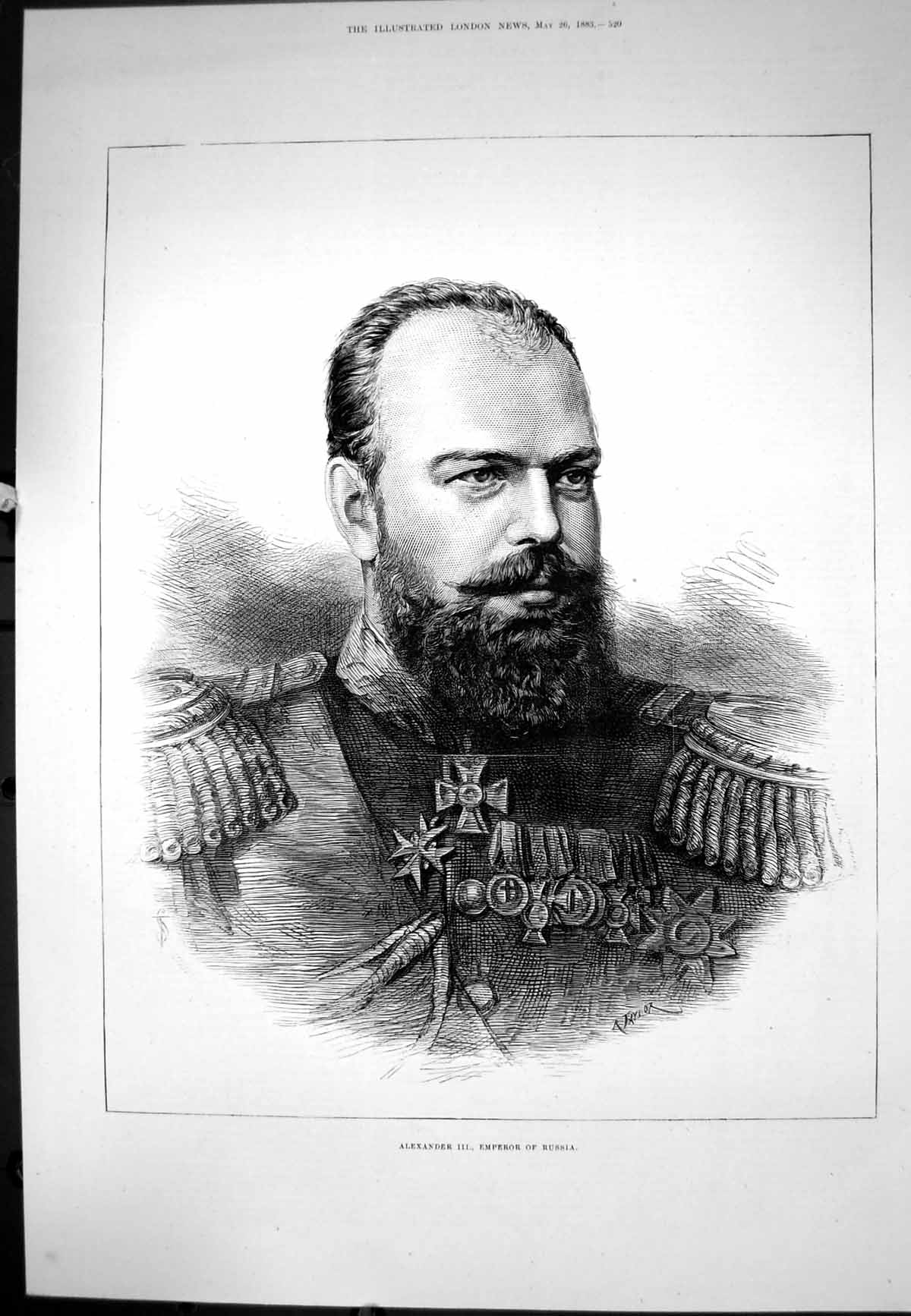 Antique Old Print Alexander 111 Emperor Russia R Taylor Beard Uniform 1883