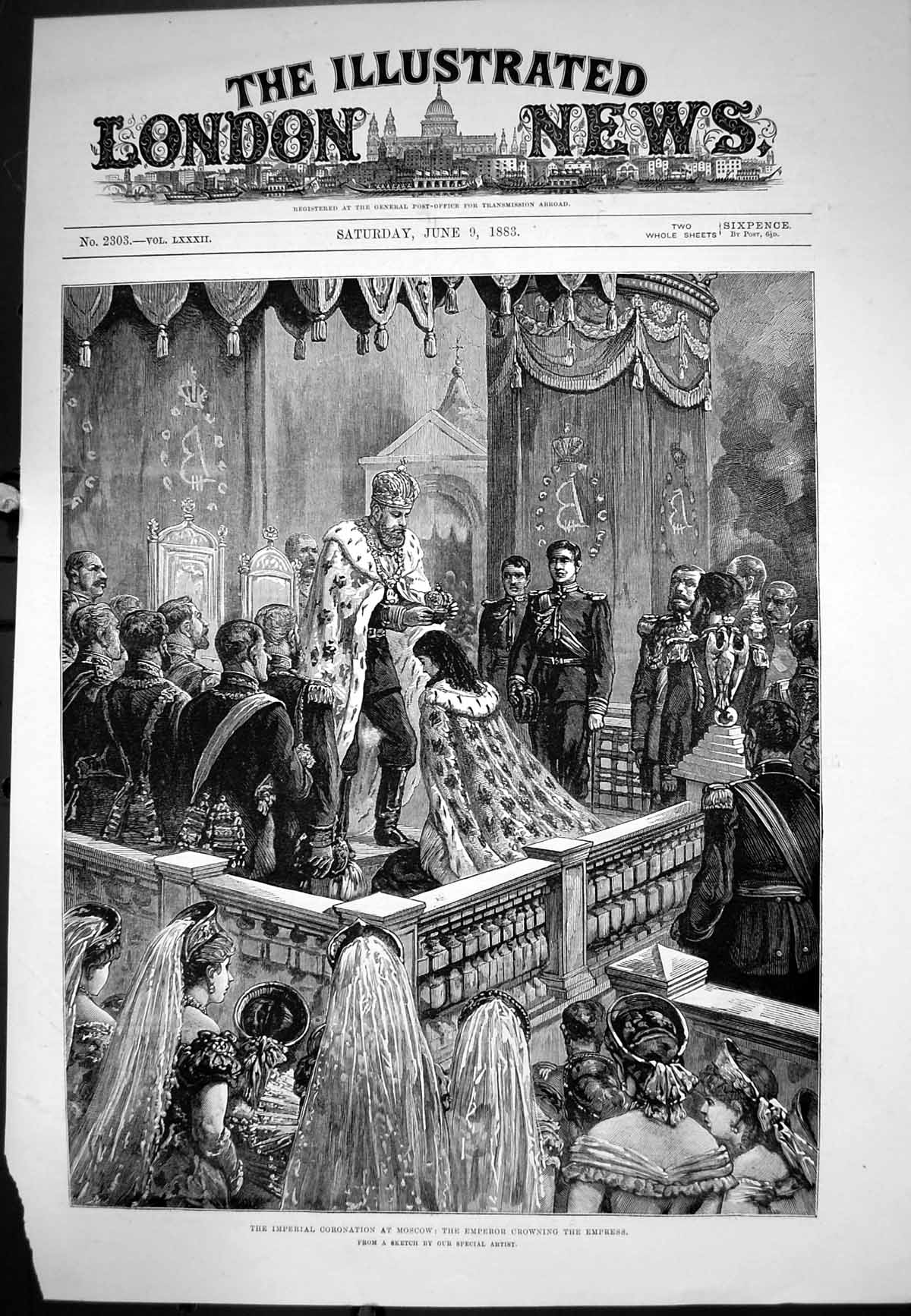 Antique Old Print Imperial Coronation Moscow Emperor Crowning Empress 1883 19th