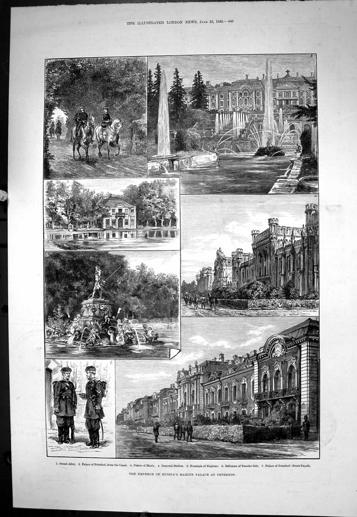 Old Print Emperor Russias Marine Palace Peterh Palace Marly Stables 1883 19th