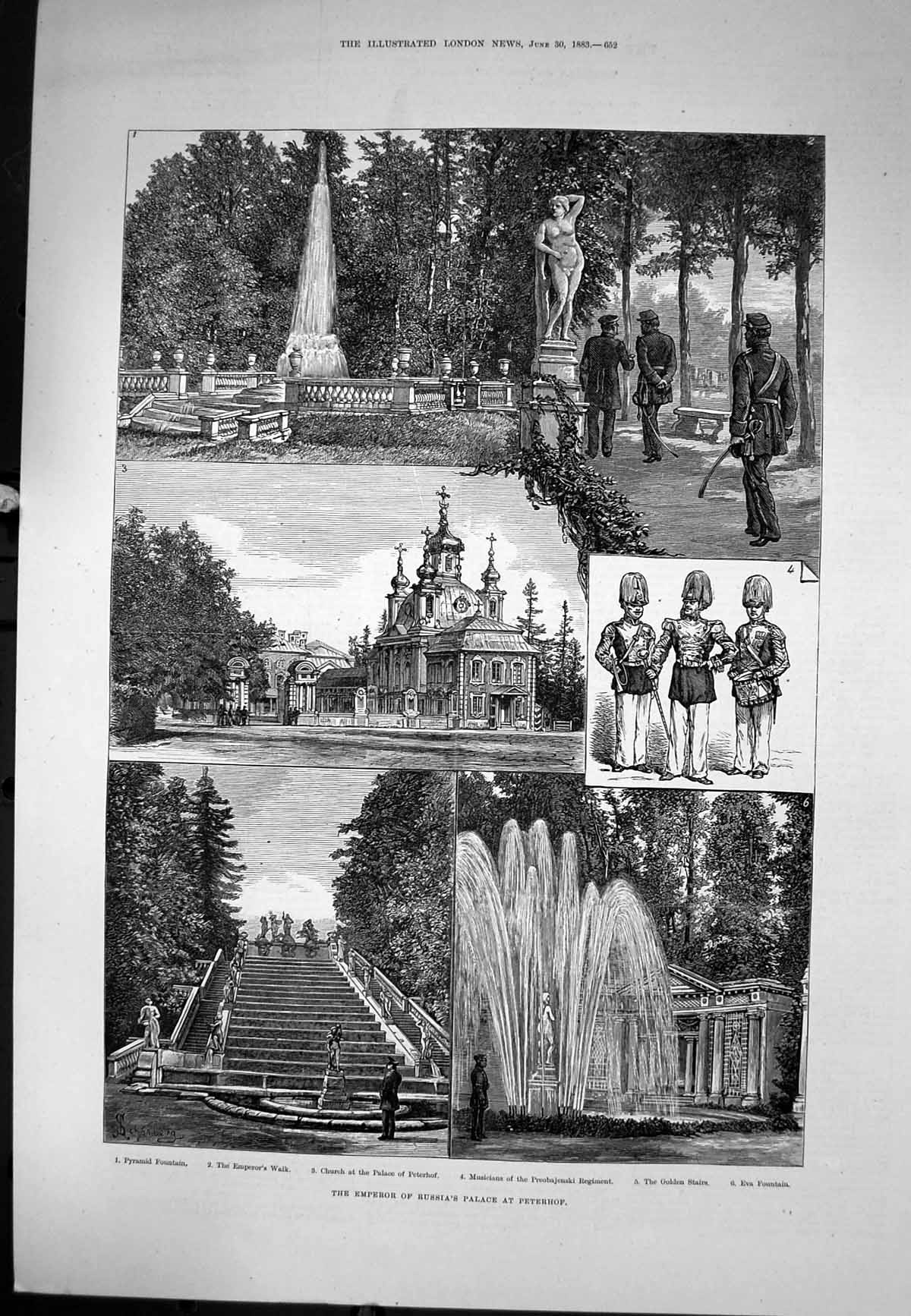Antique Old Print Emperor Russias Palace Peterh Gen Stairs Eva Fountain 1883