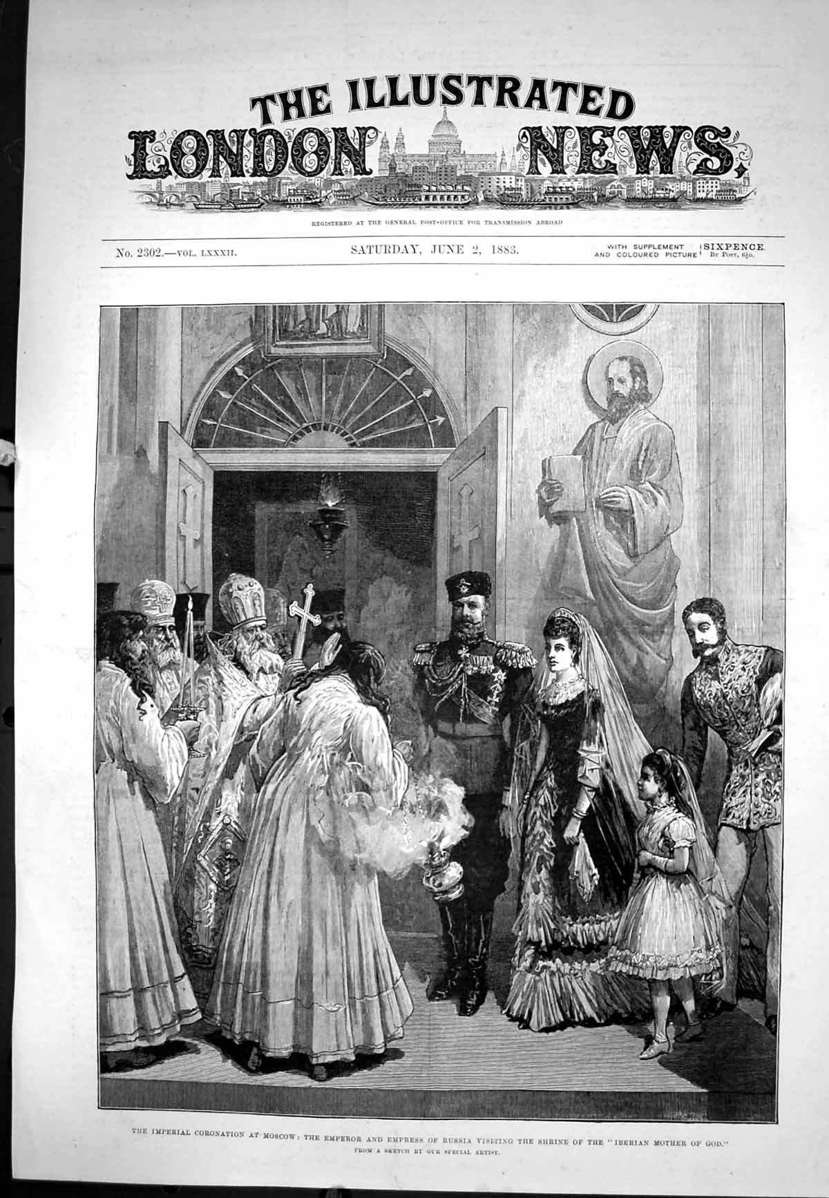 Old Print Emperor Empress Russia Visiting Shrine Iberian Mother God 1883 19th