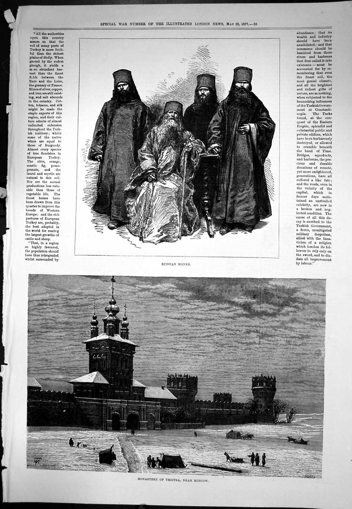 Antique Old Print Russian Monks Monastery Troitsa Moscow Sledges Snow 1877 19th