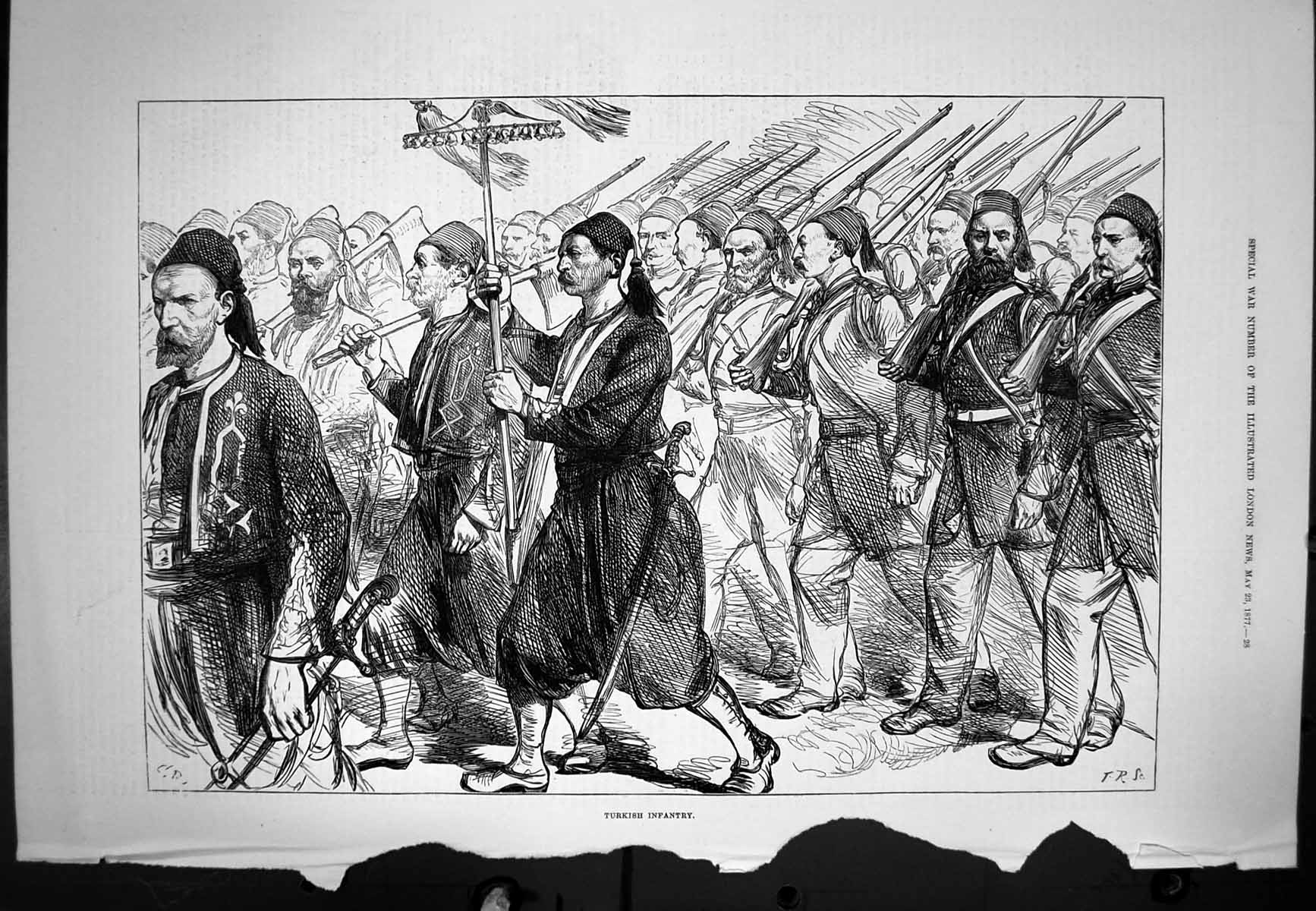 Antique Old Print Turkish Infantry Uniform Carrying Flag Rifles Swords 1877