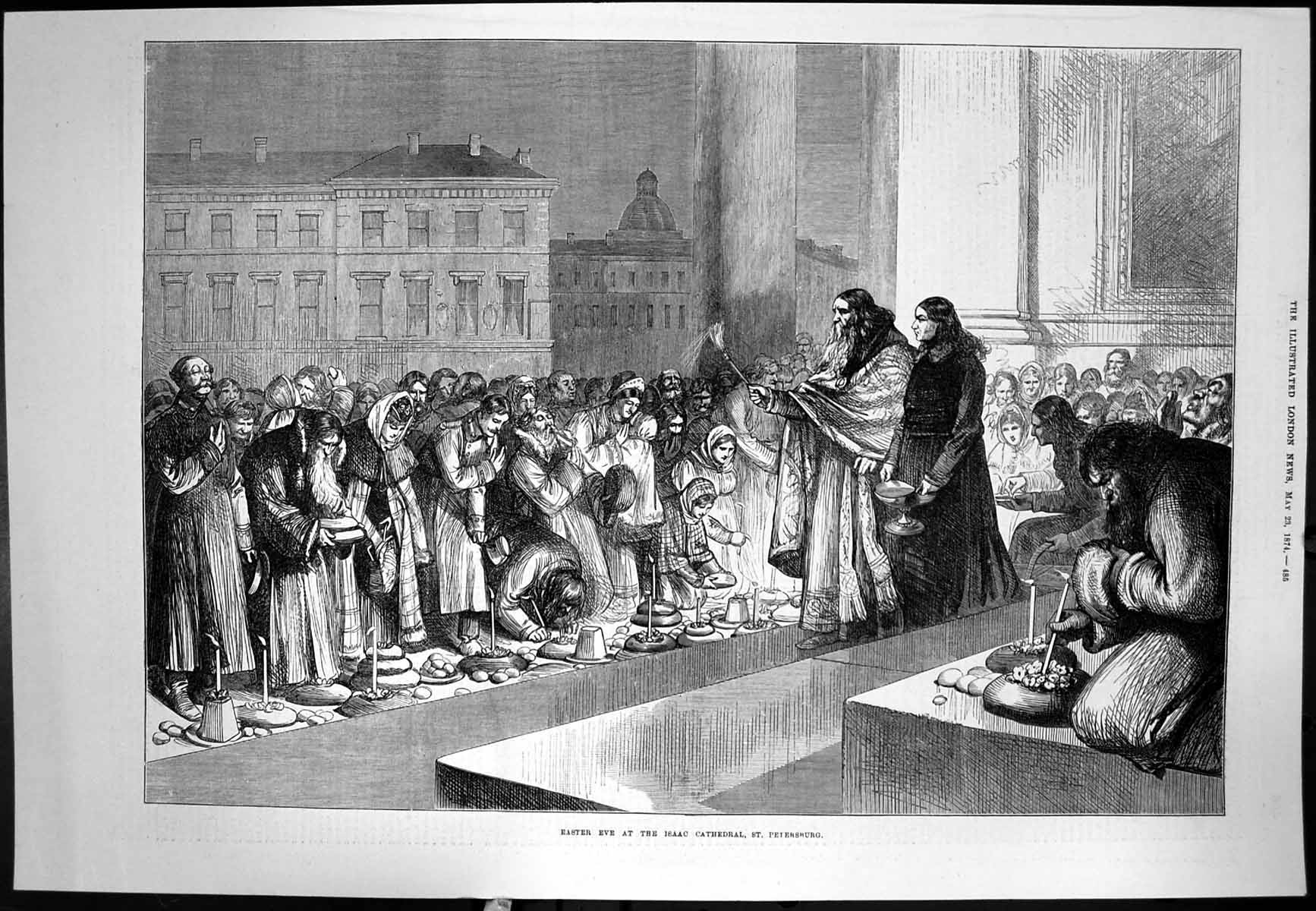 Old Antique Print Easter Eve Isaac Cathedral St Petersburg Candles 1874 19th